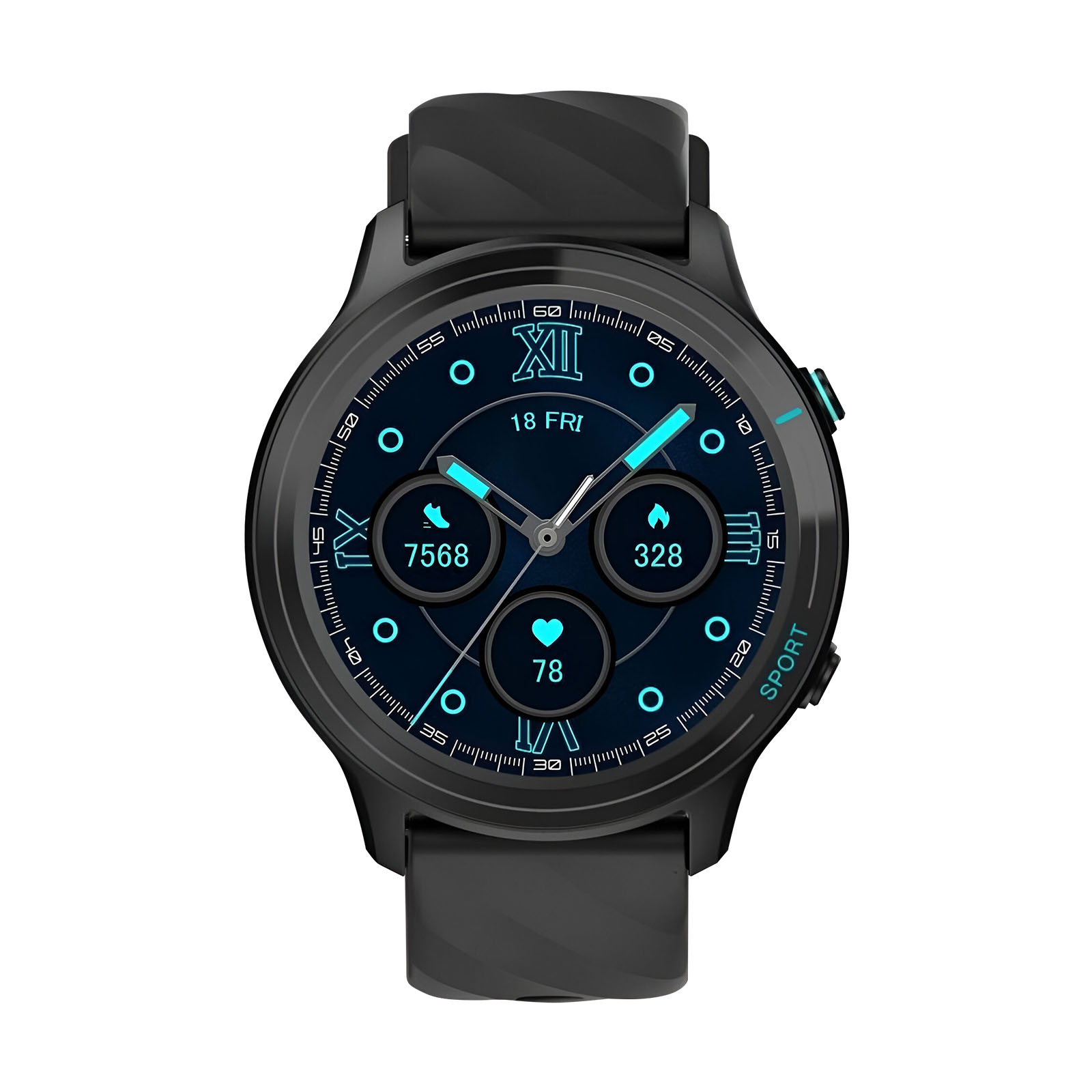 Un reloj inteligente negro con esfera redonda, que muestra hora, fecha y métricas de salud. Tiene correa negra y fondo blanco.