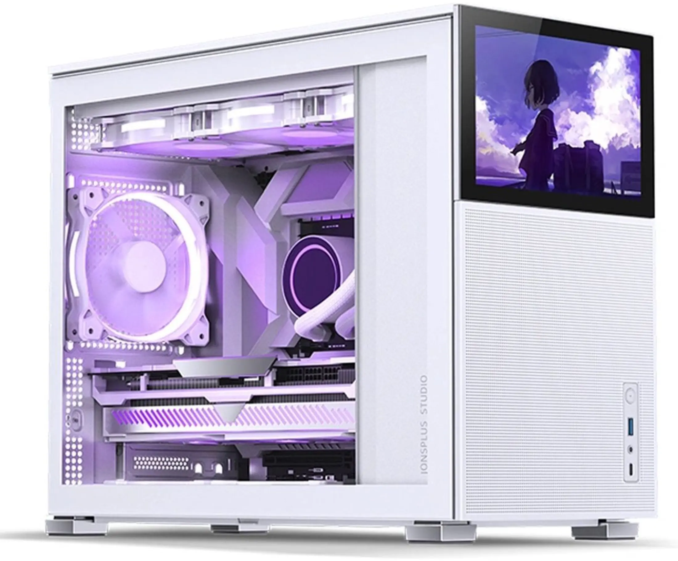 White computer case with a screen showing an anime character. Inside, there are fans and components lit with purple light.