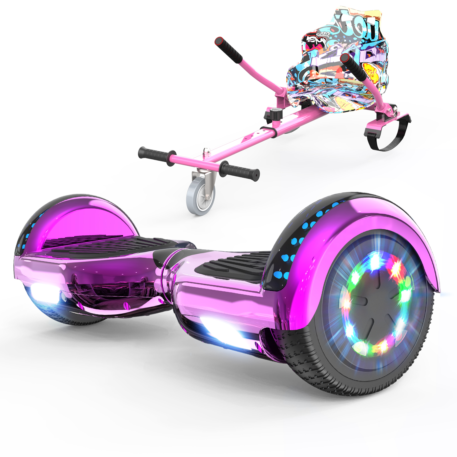 Ein pinkfarbenes Hoverboard und ein pinkfarbener Roller mit Sitz. Das Hoverboard hat bunte Lichter. Der Rollersitz hat Graffiti.
