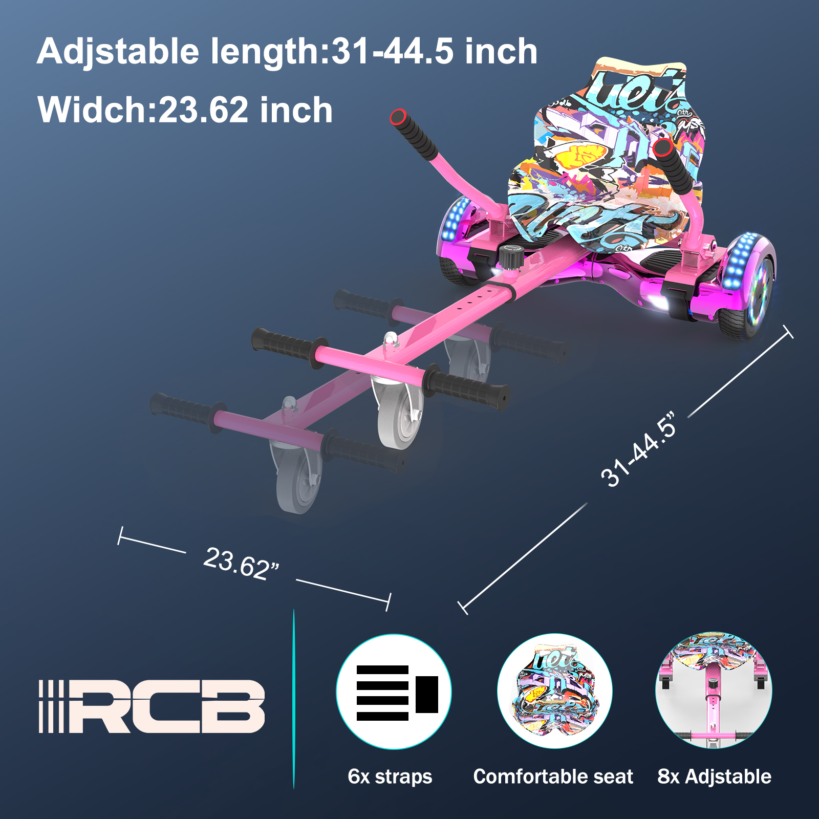 Pinkes Hoverboard mit gemustertem Sitz. Es hat einen rosa Rahmen, schwarze Griffe und Räder mit Lichtern. Es hat beschriftete Abmessungen.