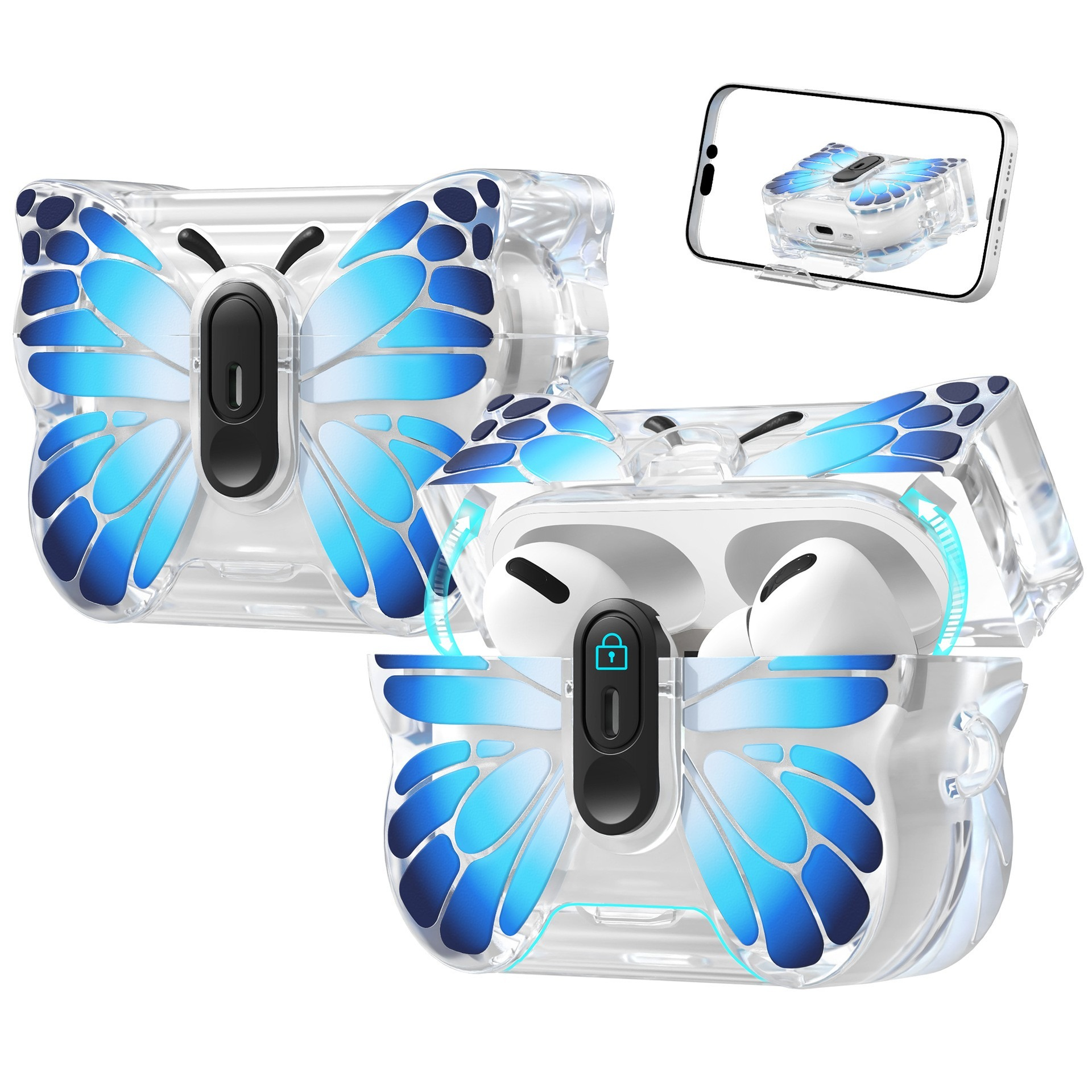 Transparante AirPods-hoes met blauw vlinderontwerp. Inclusief telefoon met de hoes erop. AirPods in de open hoes.