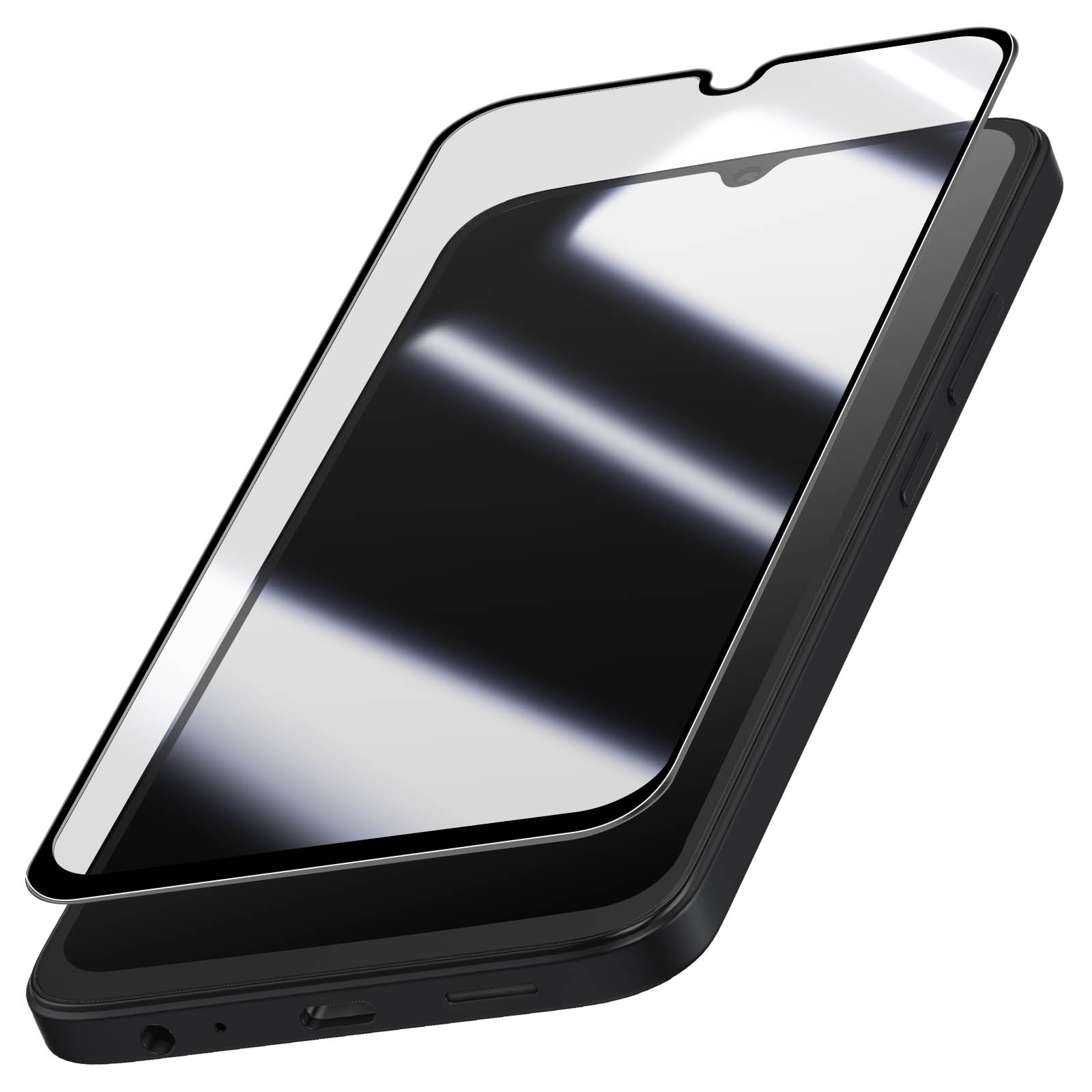Smartphone nero con protezione schermo parzialmente staccata. Protezione trasparente, telefono nero. Sfondo bianco.