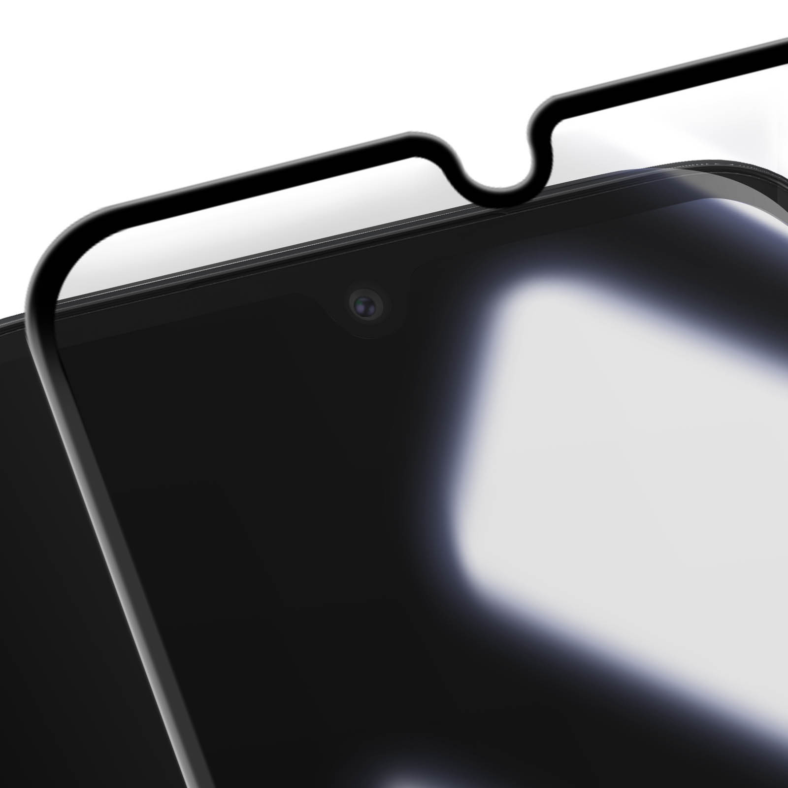 Primo piano di uno schermo del telefono con cornice nera. Fotocamera anteriore visibile. La cornice nera si curva intorno allo schermo.