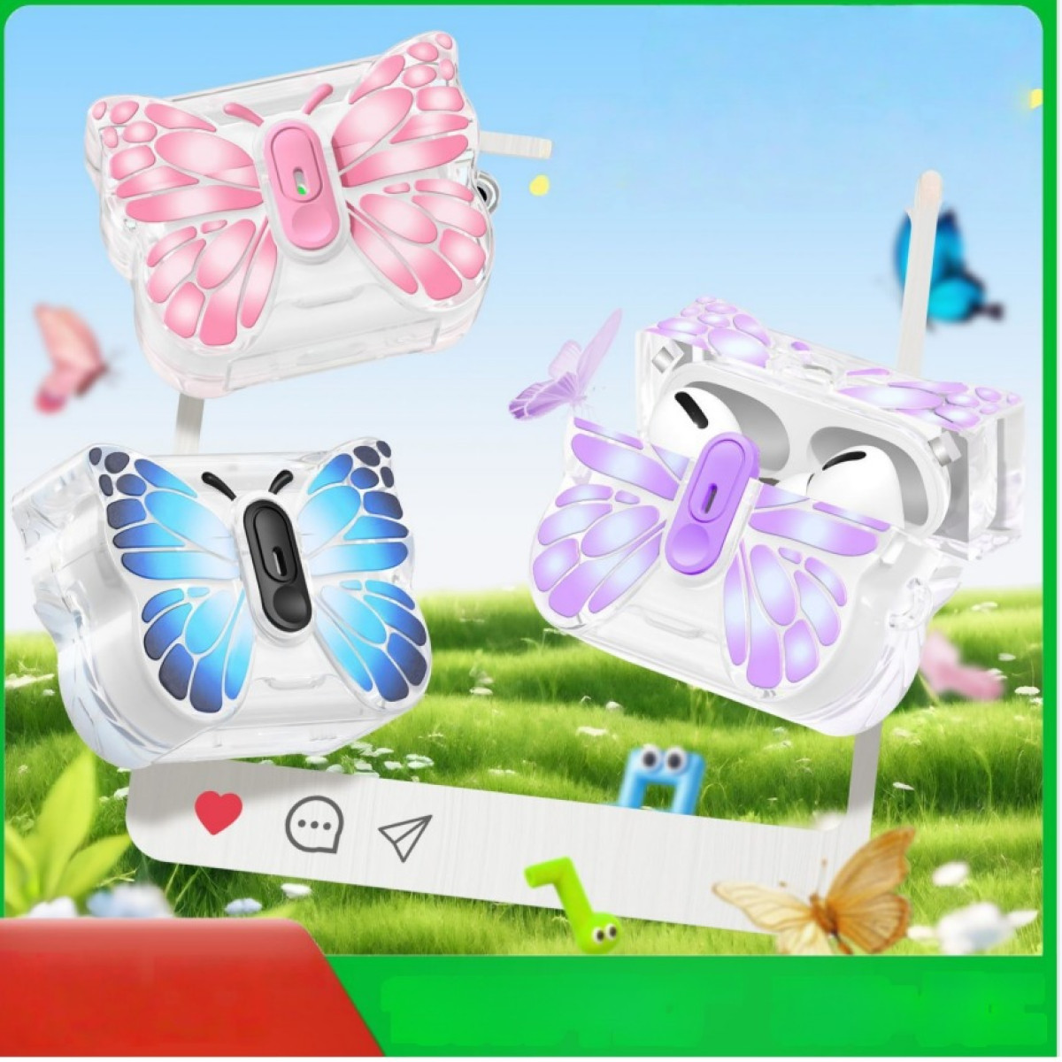 Three AirPods cases with butterfly designs. Pink, blue, and purple butterflies on transparent cases. Green grass background.