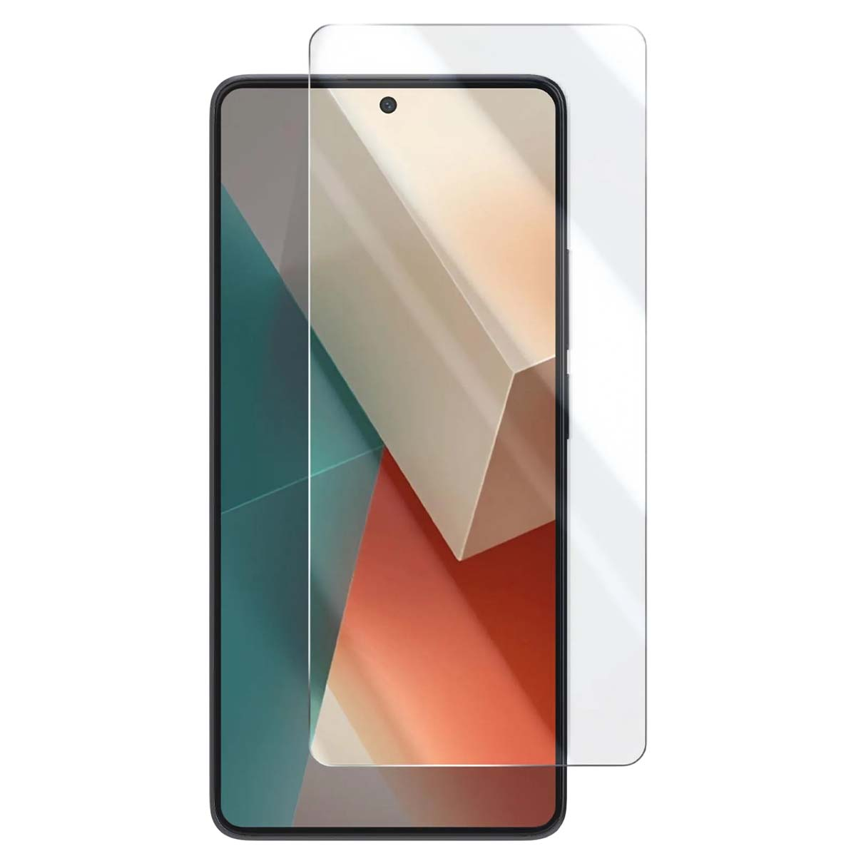 Uno smartphone con una protezione per lo schermo applicata. Il telefono mostra un motivo geometrico. La protezione è trasparente e copre parzialmente il telefono.