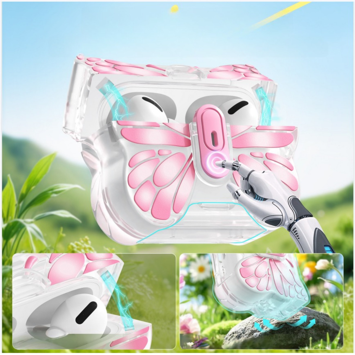 Earphones in a pink butterfly case. A robot hand touches the case. The background shows green grass and a blue sky.