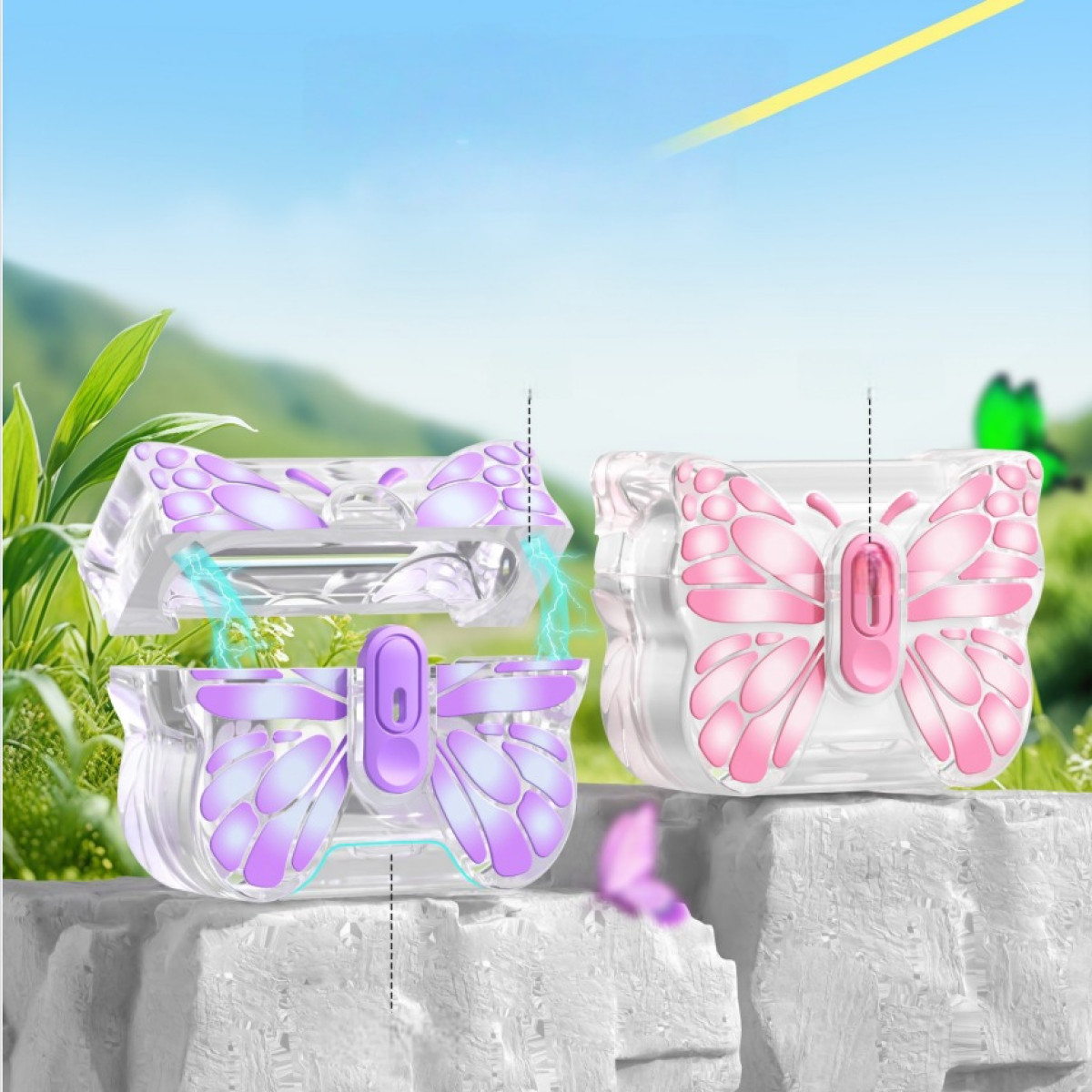 Two butterfly-shaped cases, one open with purple wings, the other closed with pink wings, sit on a white surface. Green background.