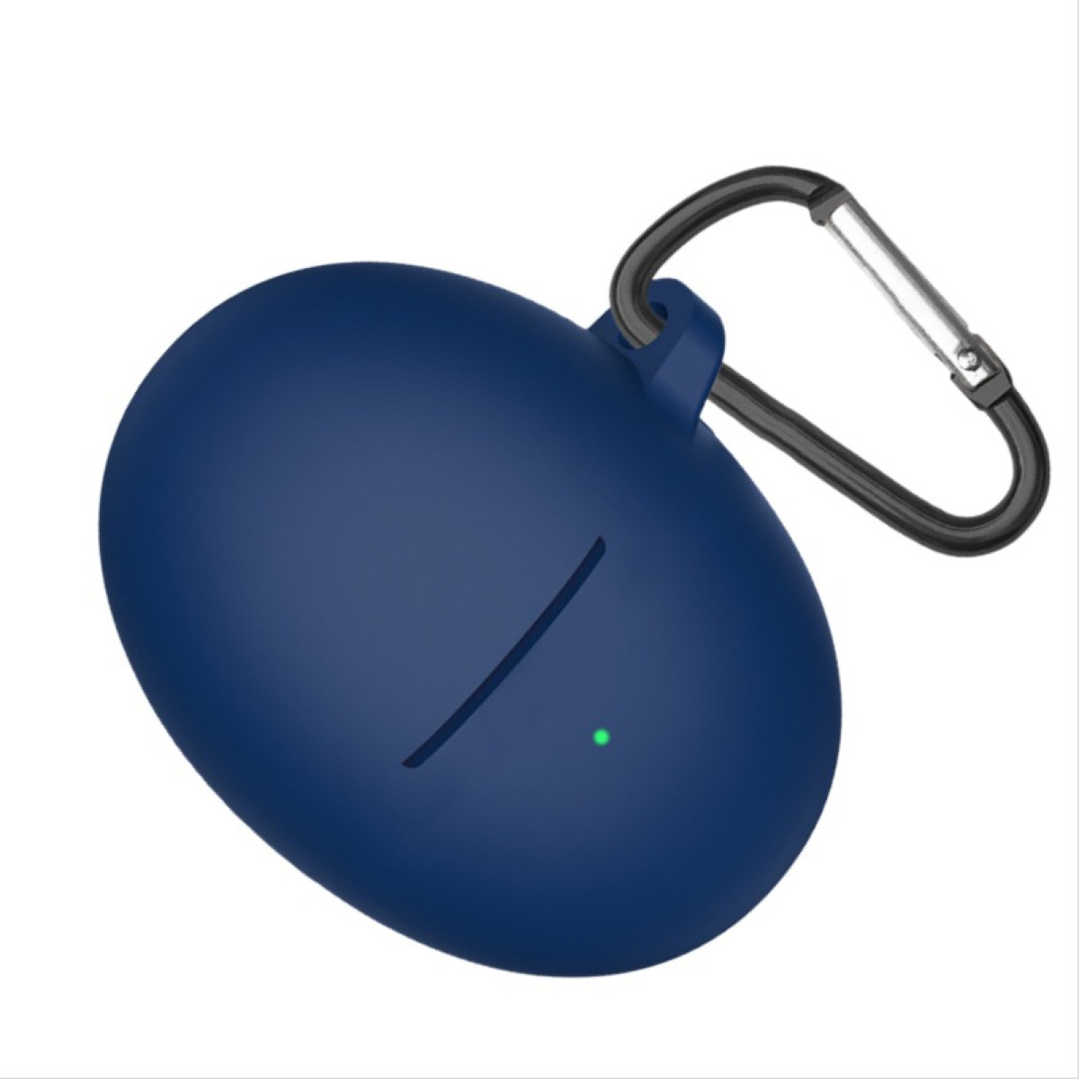 Ein marineblaues Kopfhörer-Etui mit einem schwarzen Karabinerhaken. Das Etui ist oval geformt mit einer diagonalen Linie und einem grünen Licht.