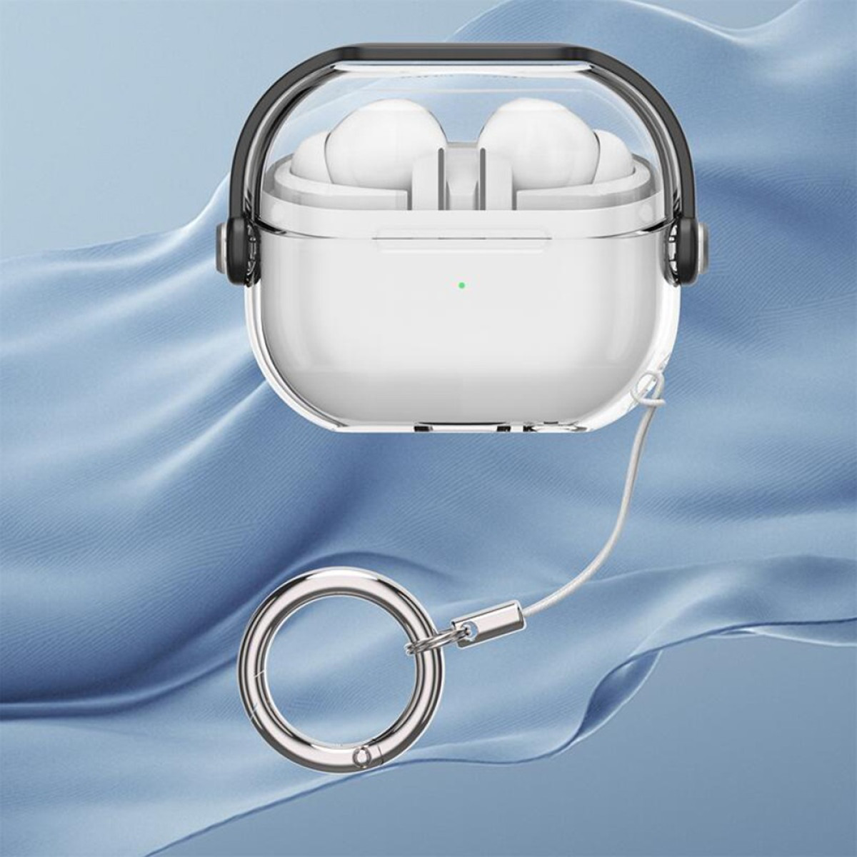 White earbuds in a clear case with a black handle. A silver ring is attached with a white cord. Blue background.