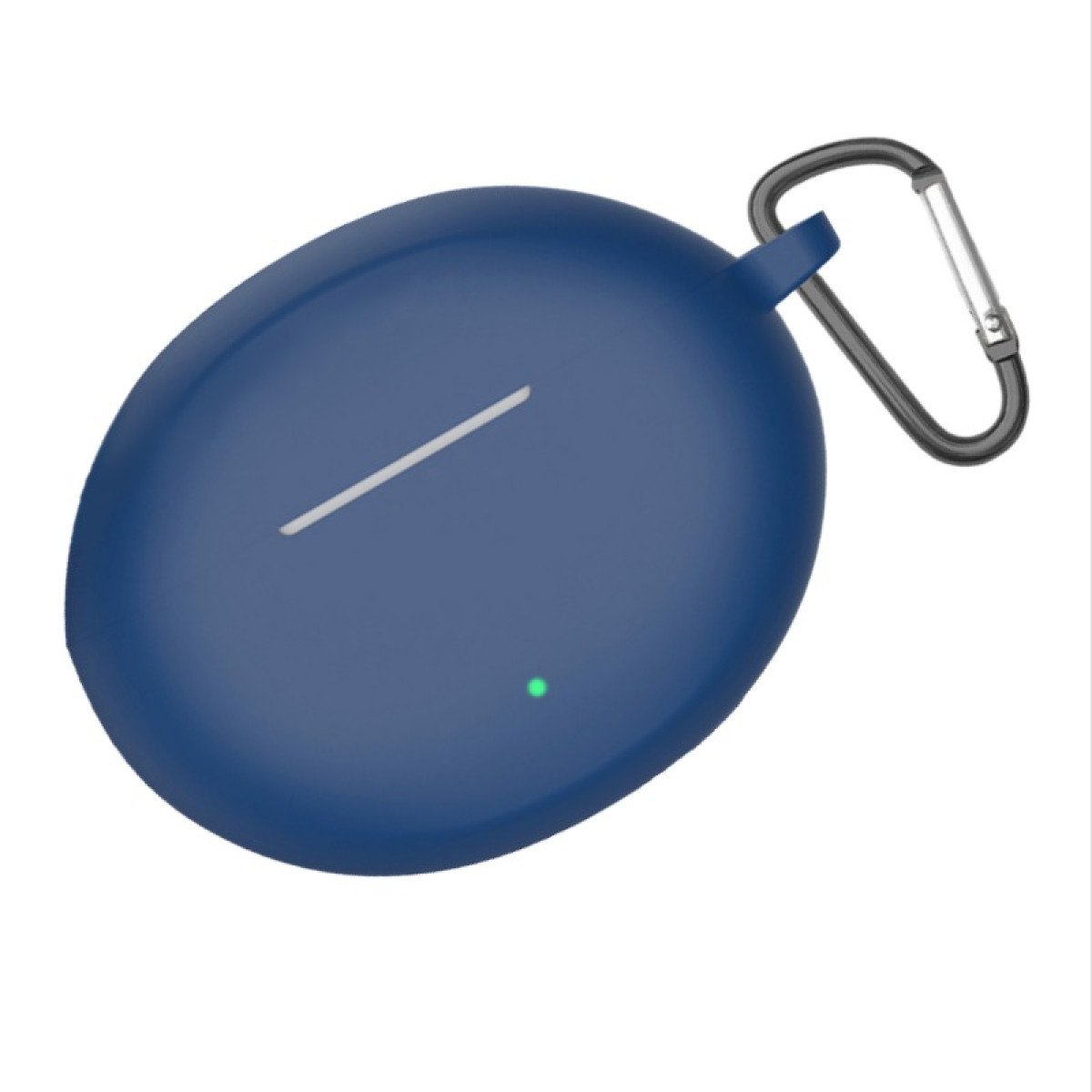A dark blue earbud case with a silver line and a green light. It has a black carabiner attached. White background.