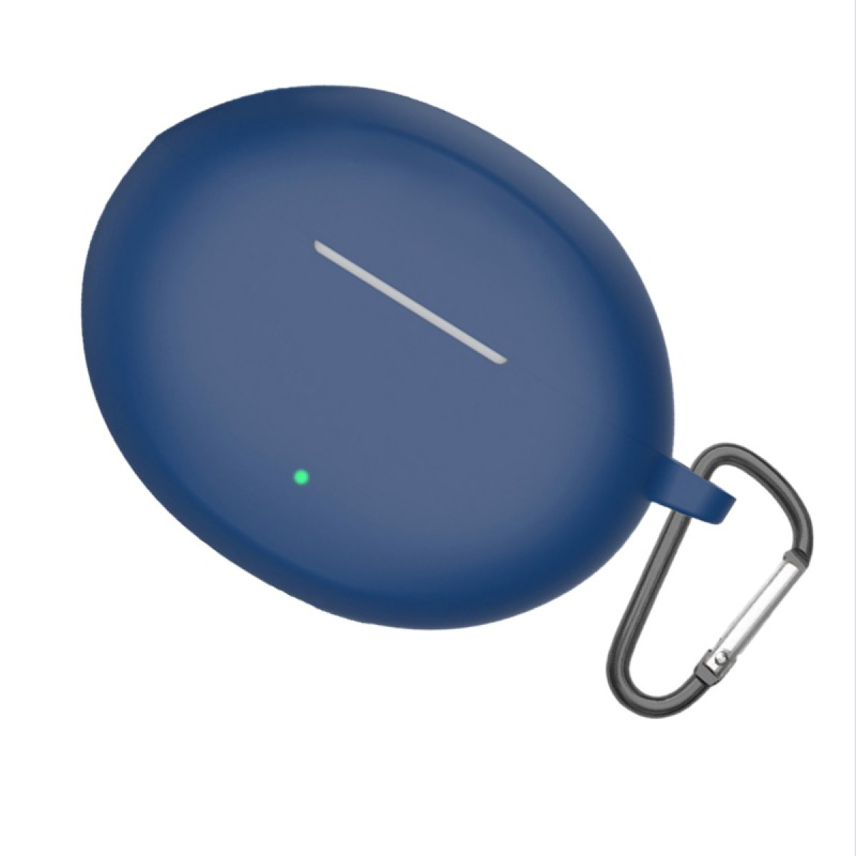 A dark blue earbud case with a silver line and green light. It has a black carabiner attached. The background is white.