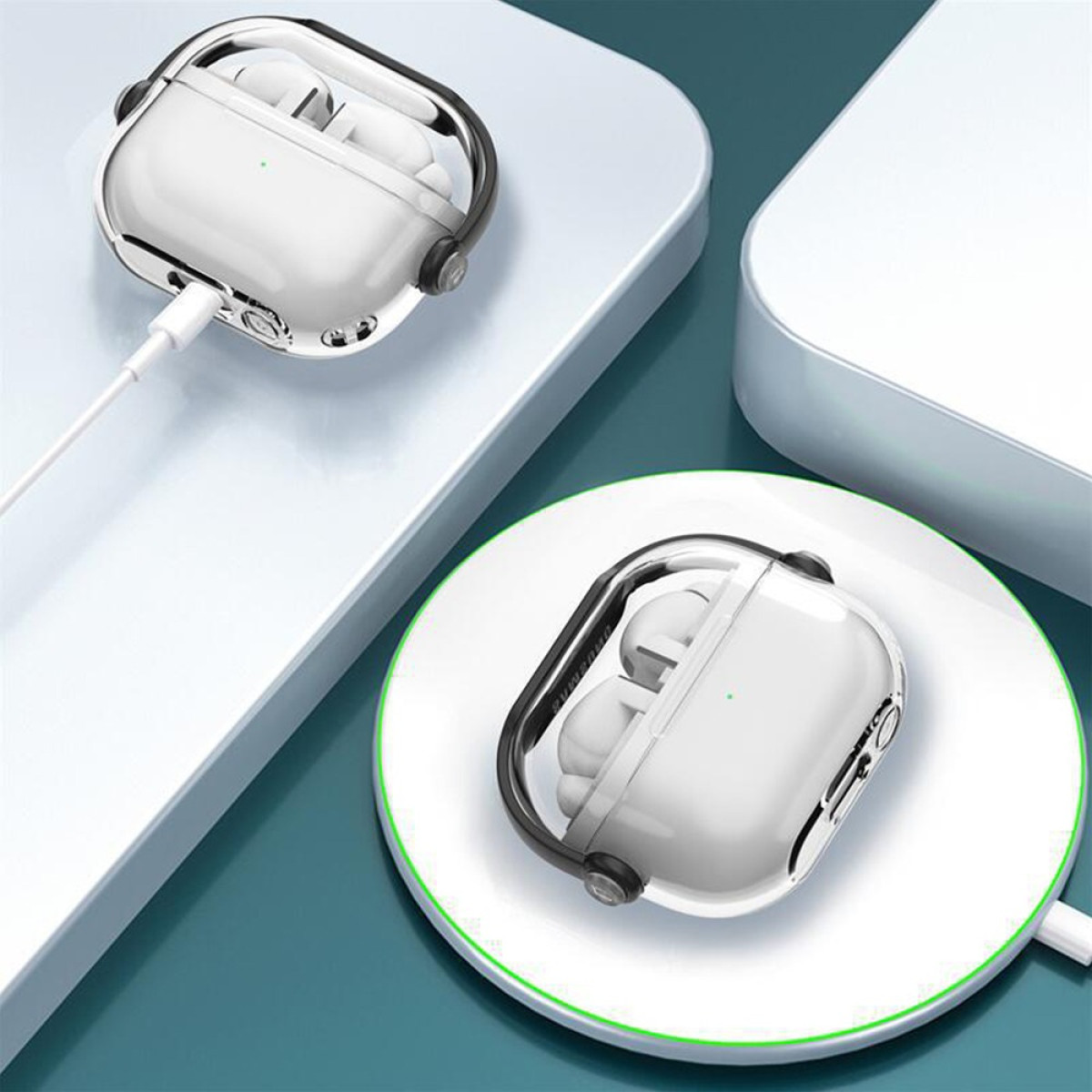 Two white earbud cases, one charging. Cases have black handles and are on white surfaces against a blue background.
