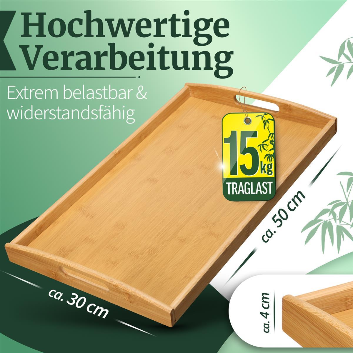 Ein rechteckiges Serviertablett aus Bambus. Text auf dem Tablett besagt, dass es 15 kg tragen kann. Maße sind 30cm x 50cm x 4cm.