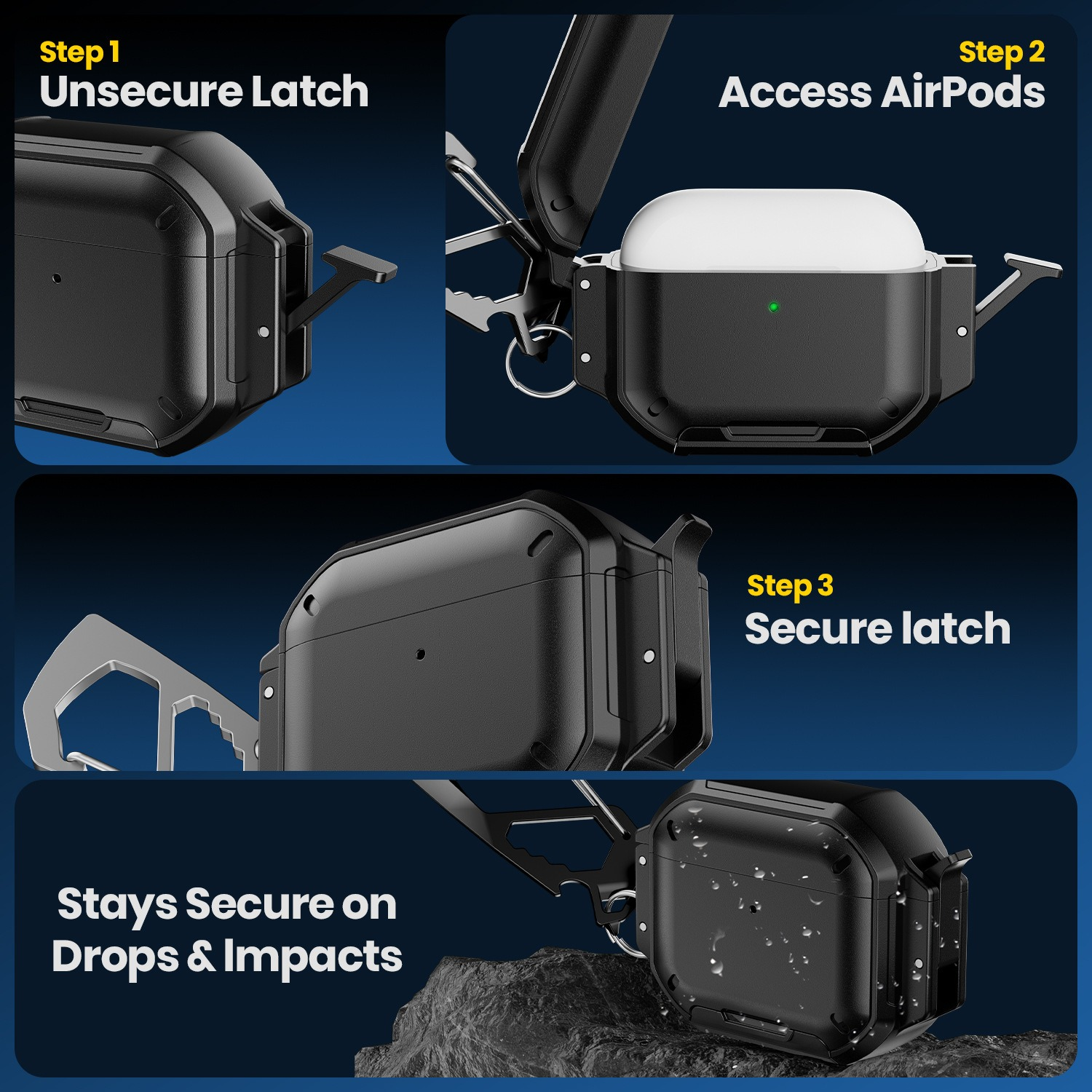 Black AirPods case with latch, multi-tool. Shows steps to open, access AirPods, and secure the latch. It is drop resistant.