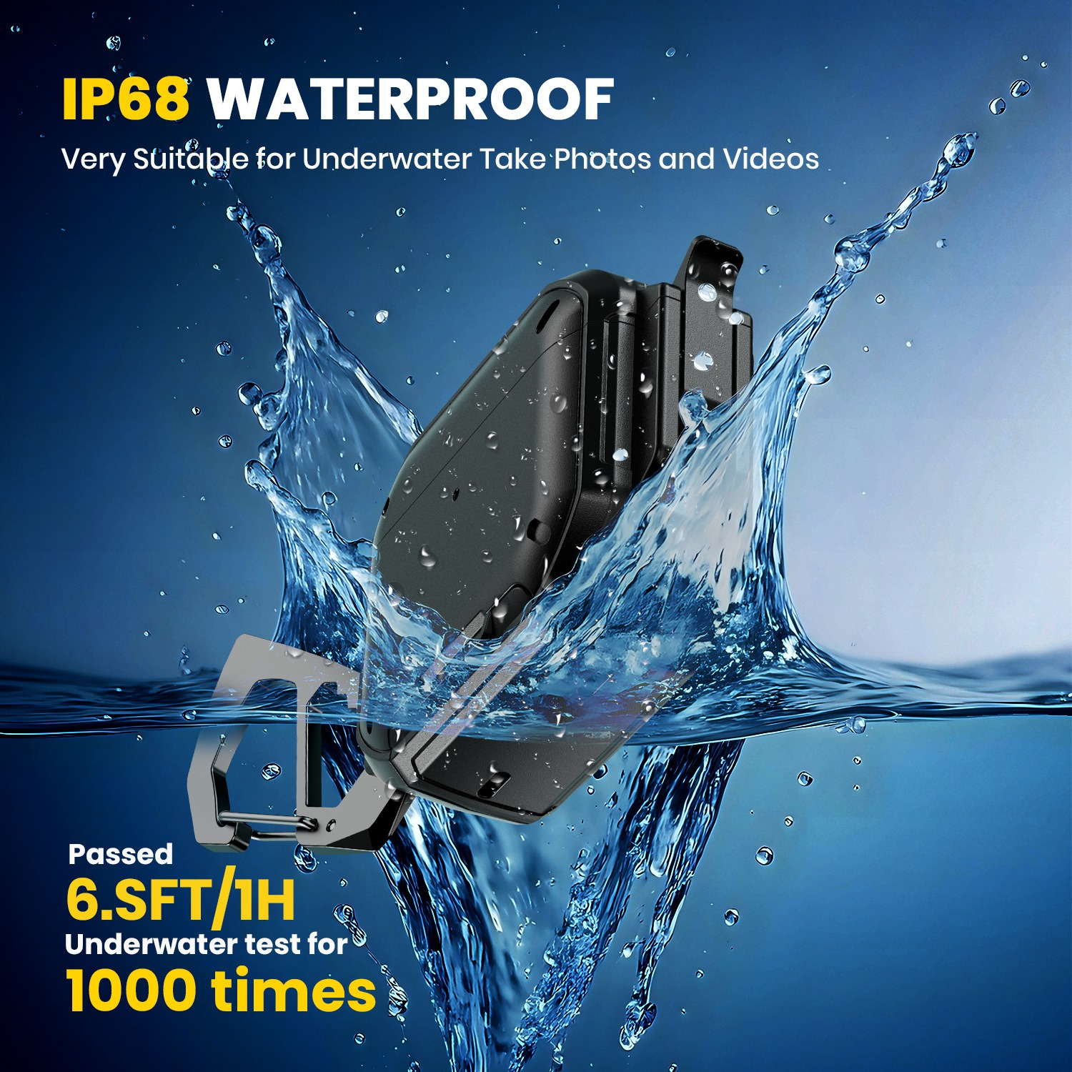 A black device is submerged in water, with water splashing around it. Text says IP68 waterproof and underwater test passed.