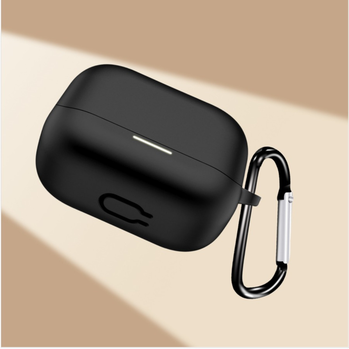 A black earbud case with a silver carabiner clip, floating against a beige background. The case has a white light indicator.