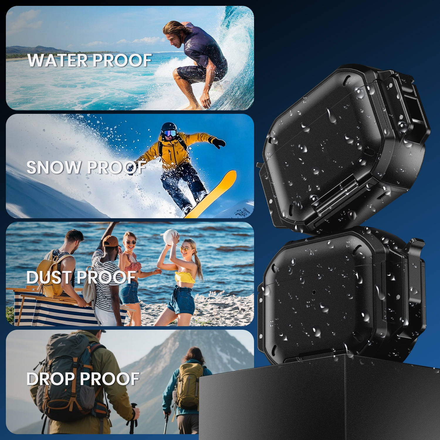 Image shows people surfing, snowboarding, playing volleyball, and hiking. Black cases are labeled water, snow, dust, and drop proof.