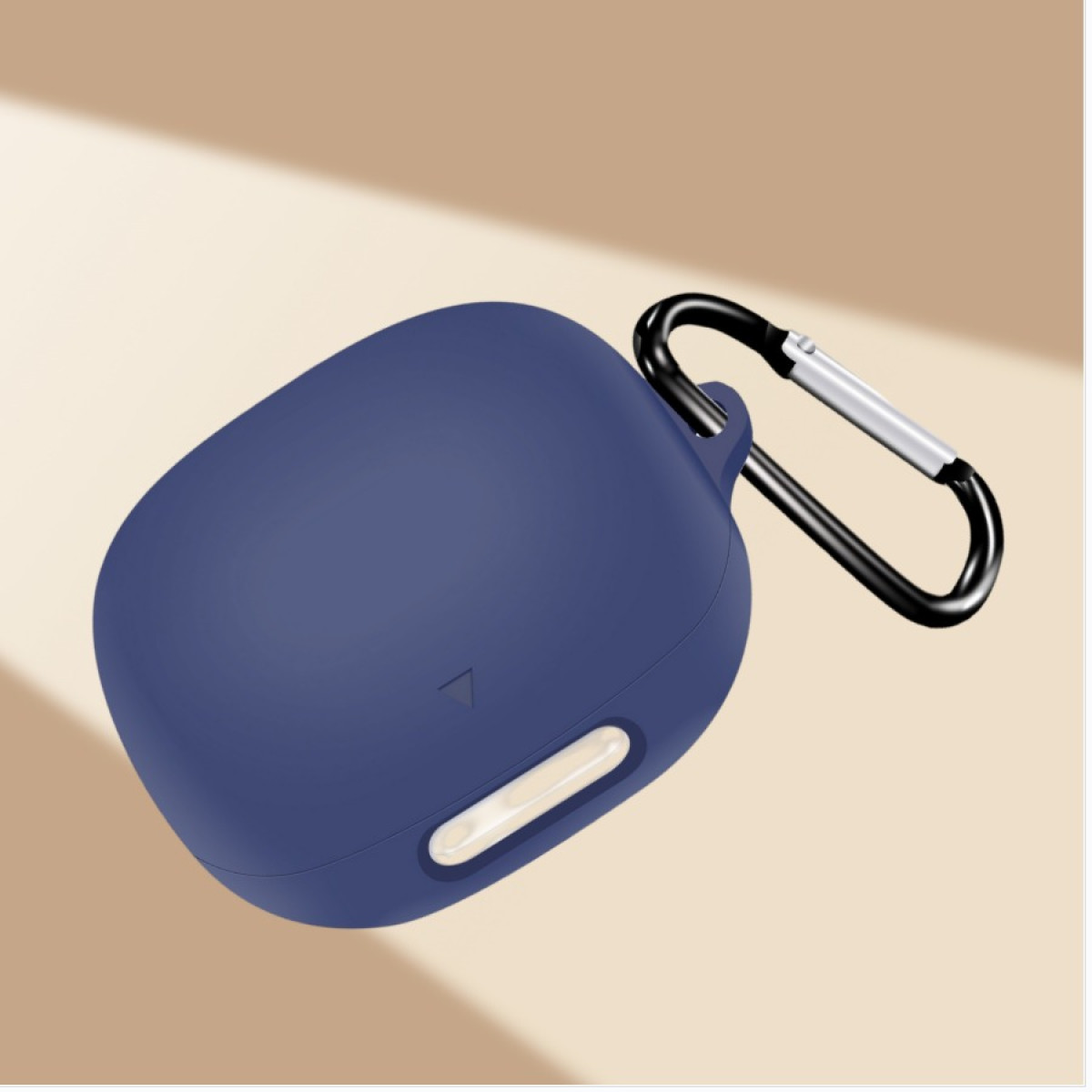 A navy blue earbud case with a black carabiner clip, set against a light brown background with subtle shadows.