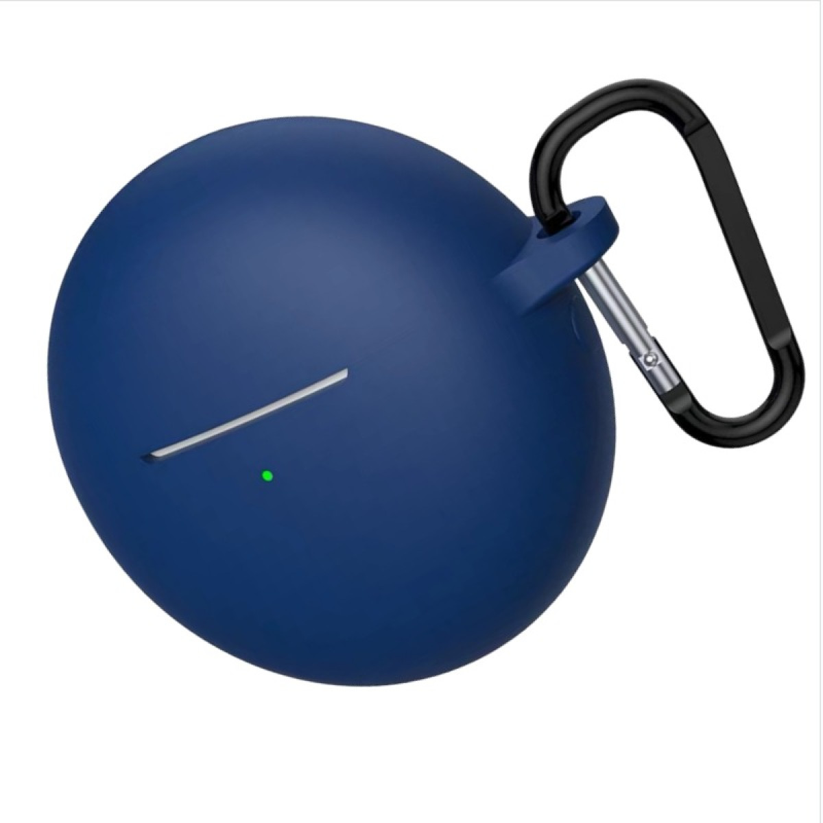A dark blue, rounded case with a black carabiner attached. A white line and green dot are visible on the case.