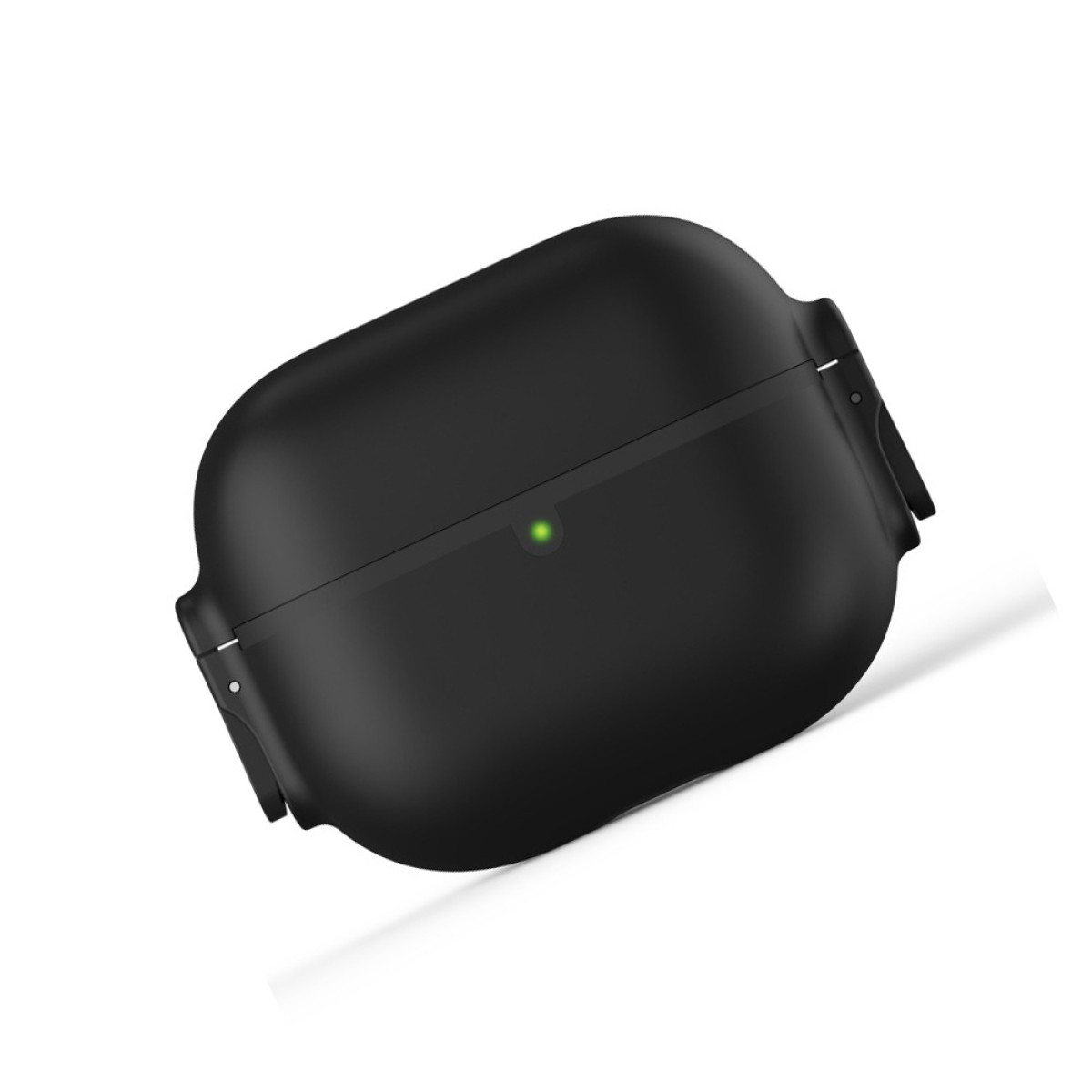 Black AirPods case with a green light on a white background. The case is closed.