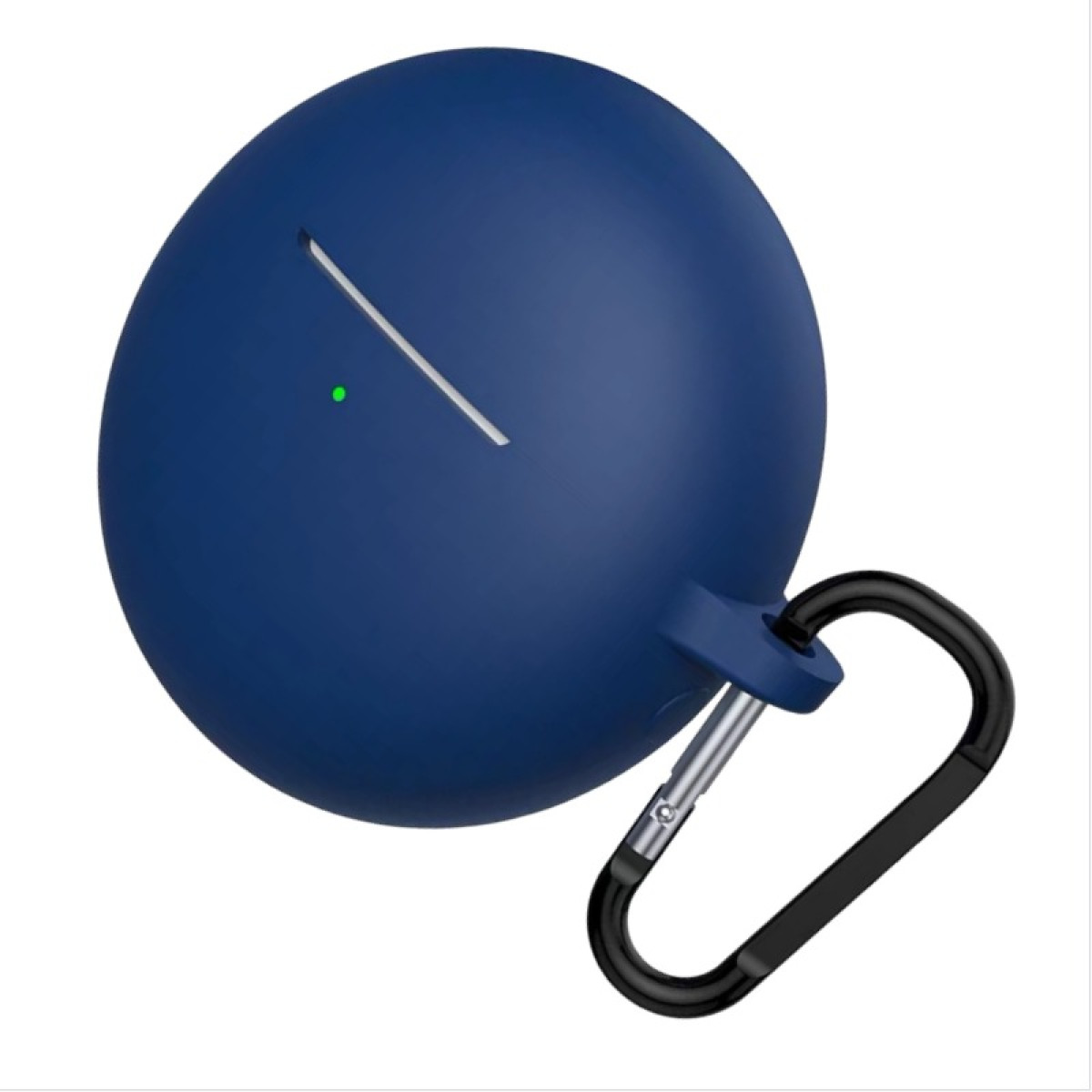 A navy blue earbud case with a black carabiner clip. A white line and a green light are visible on the case.