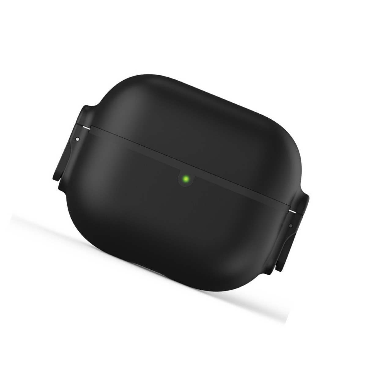 A black AirPods case on a white background. It has a rounded shape, a green light, and hinges on the sides.