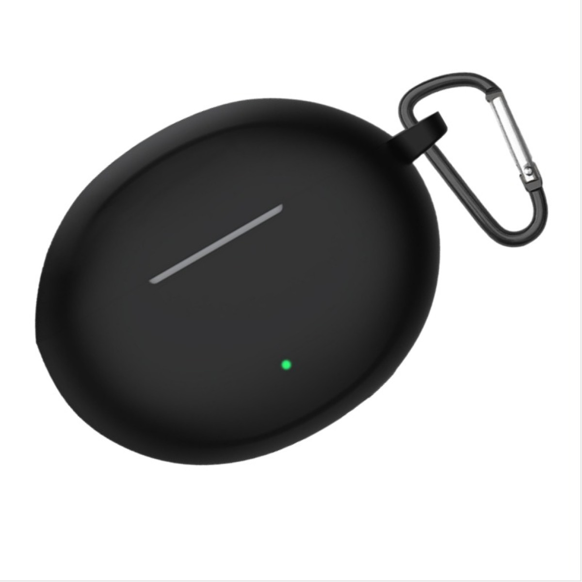 A black oval case for earbuds, with a silver line and green light. It has a black carabiner attached.