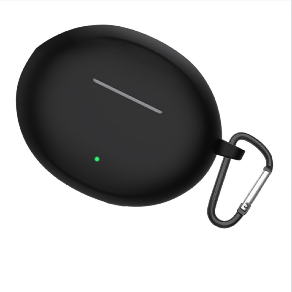 A black, oval-shaped case with a silver line and green dot. A silver carabiner clip is attached. The background is white.