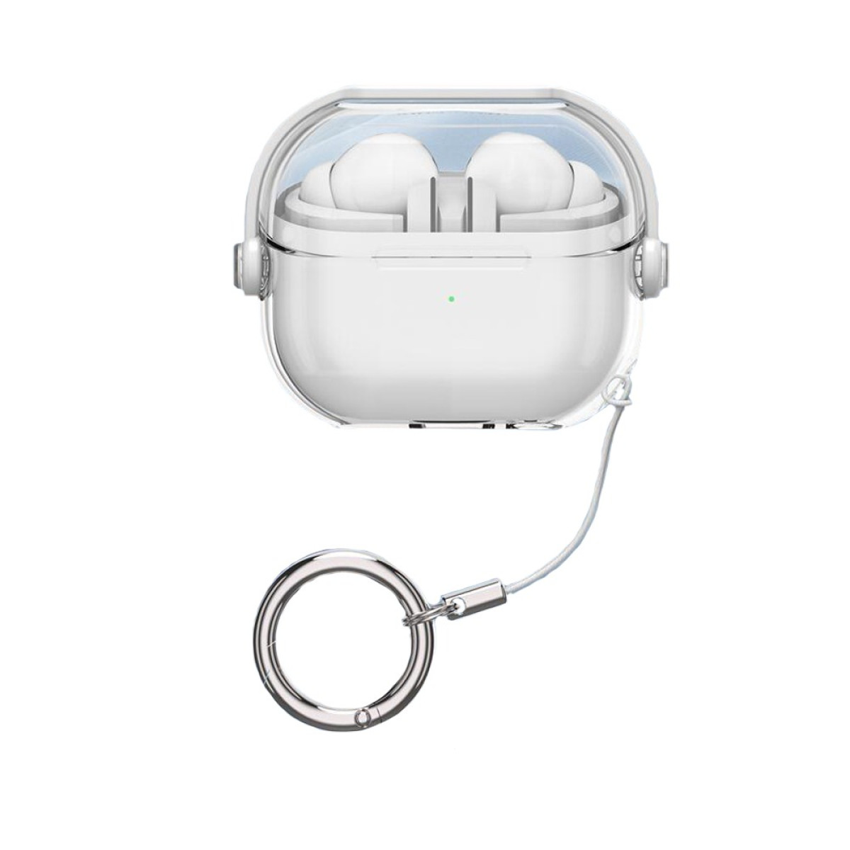 White earphones in a transparent case with a silver ring and a small cord attached. The case is open.