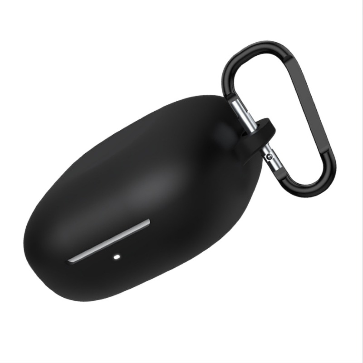 A black earbud case with a silver accent and a black carabiner attached, set against a white background.