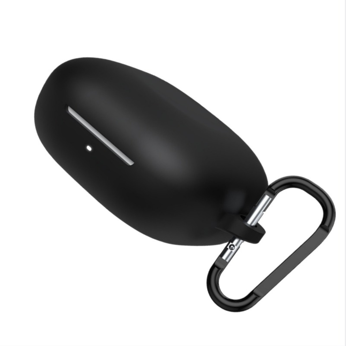 A black, oval-shaped earbud case with a silver accent and a black carabiner attached. The background is white.
