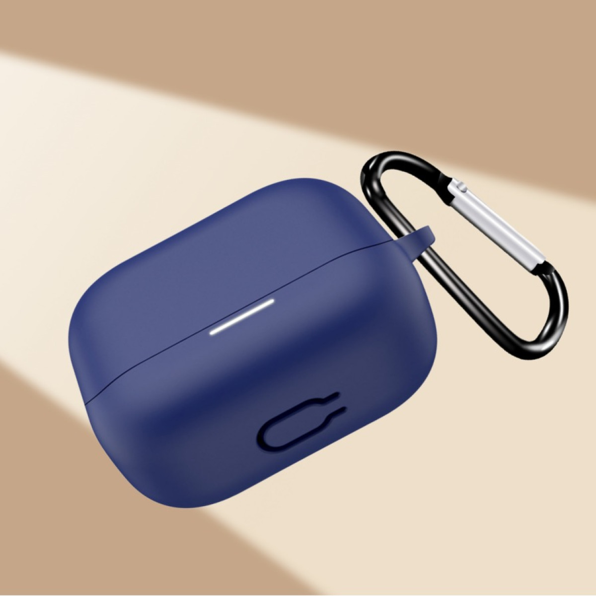 A navy blue earbud case with a black carabiner clip. The case has a white LED indicator and a charging port cutout.