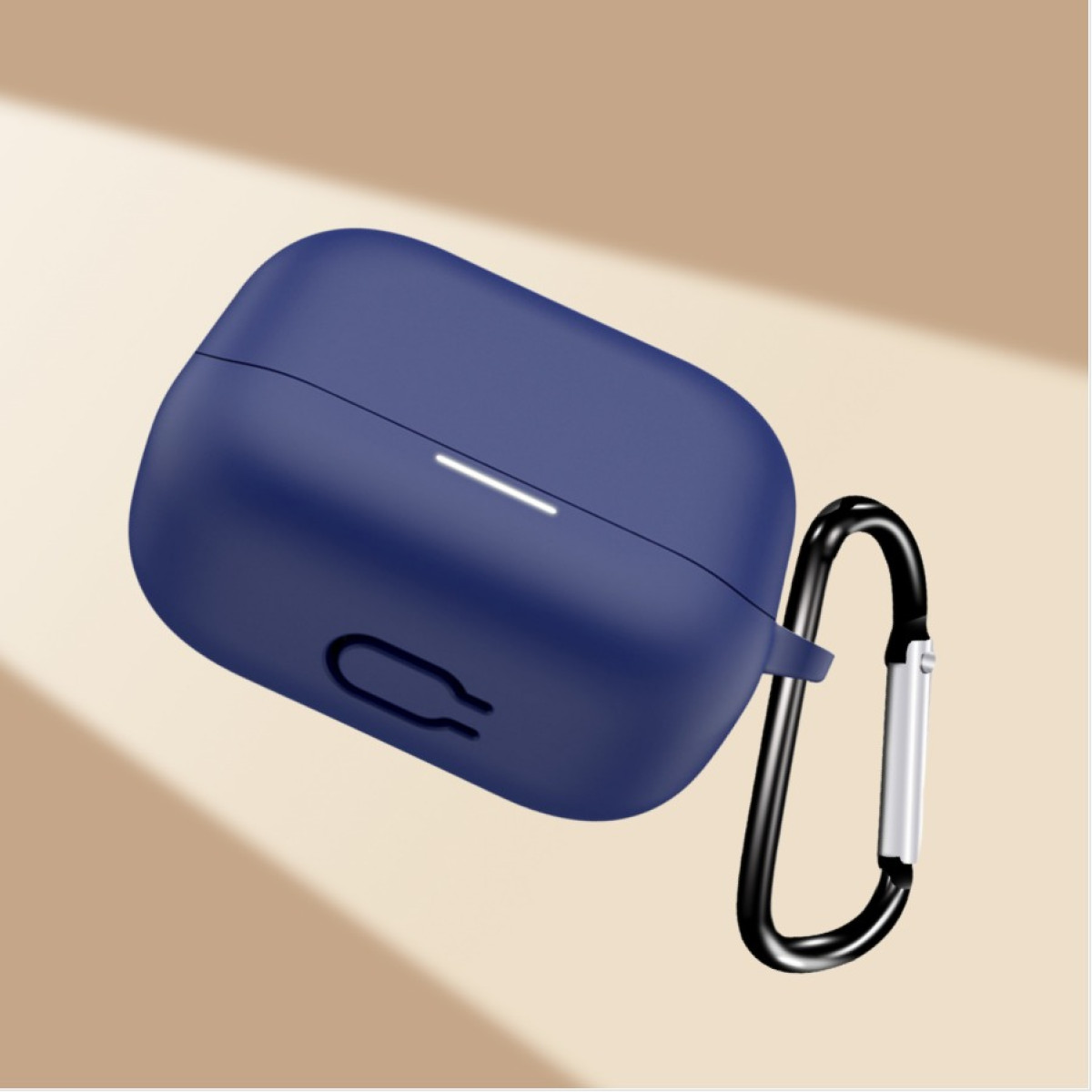 A dark blue earbud case with a black carabiner clip. The background is a gradient of light brown.