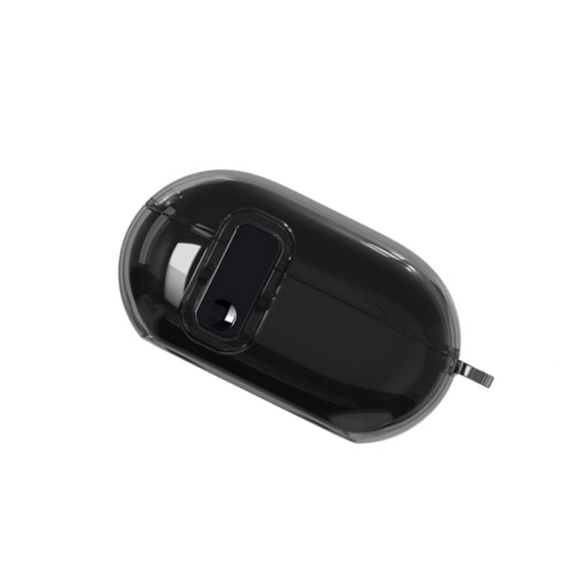 A black, oval-shaped case, possibly for earbuds, with a clear top and a small opening. Isolated on a white background.