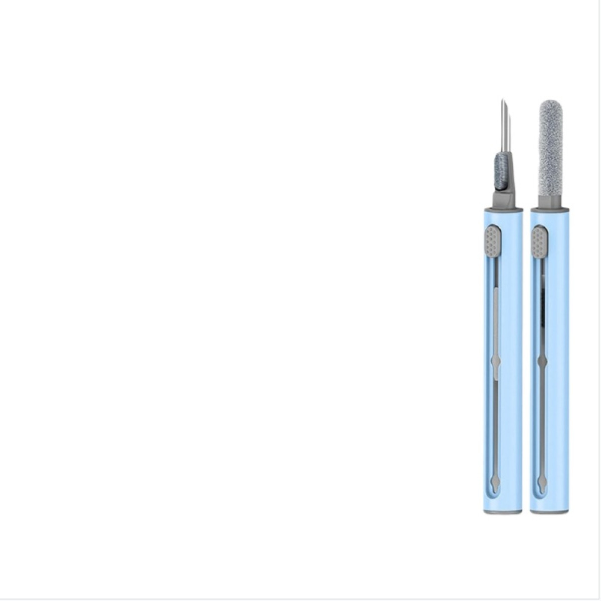Two blue cleaning tools with different tips. One has a brush, the other a metal point, on a white background.