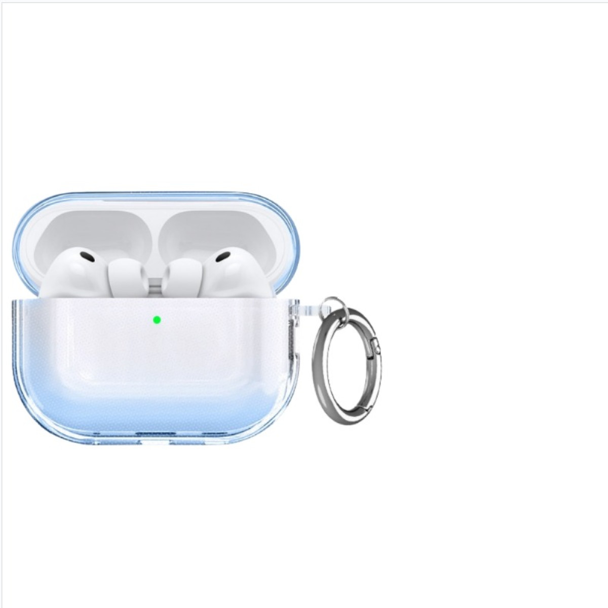Open AirPods case with blue gradient, white earbuds inside. Silver carabiner attached. White background.