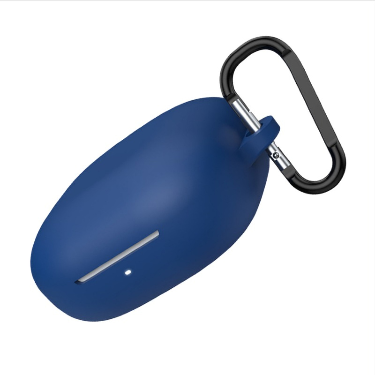 A blue earbud case with a black carabiner clip. The case has a white slot and a small white dot on it.