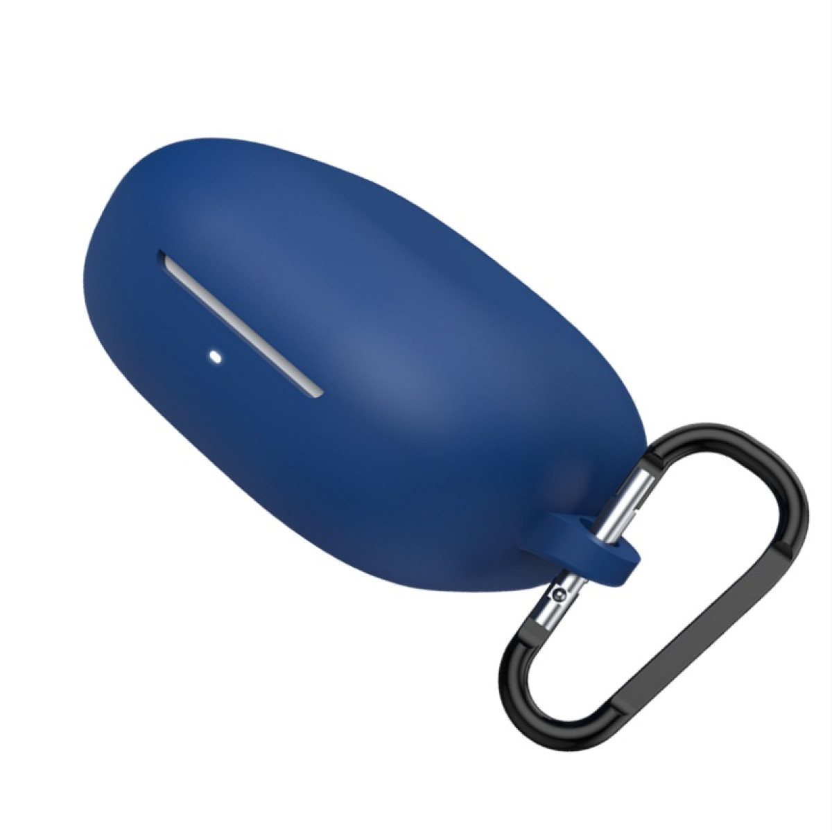 A blue earbud case with a black carabiner clip. The case is oval-shaped with a white line and a small white dot.