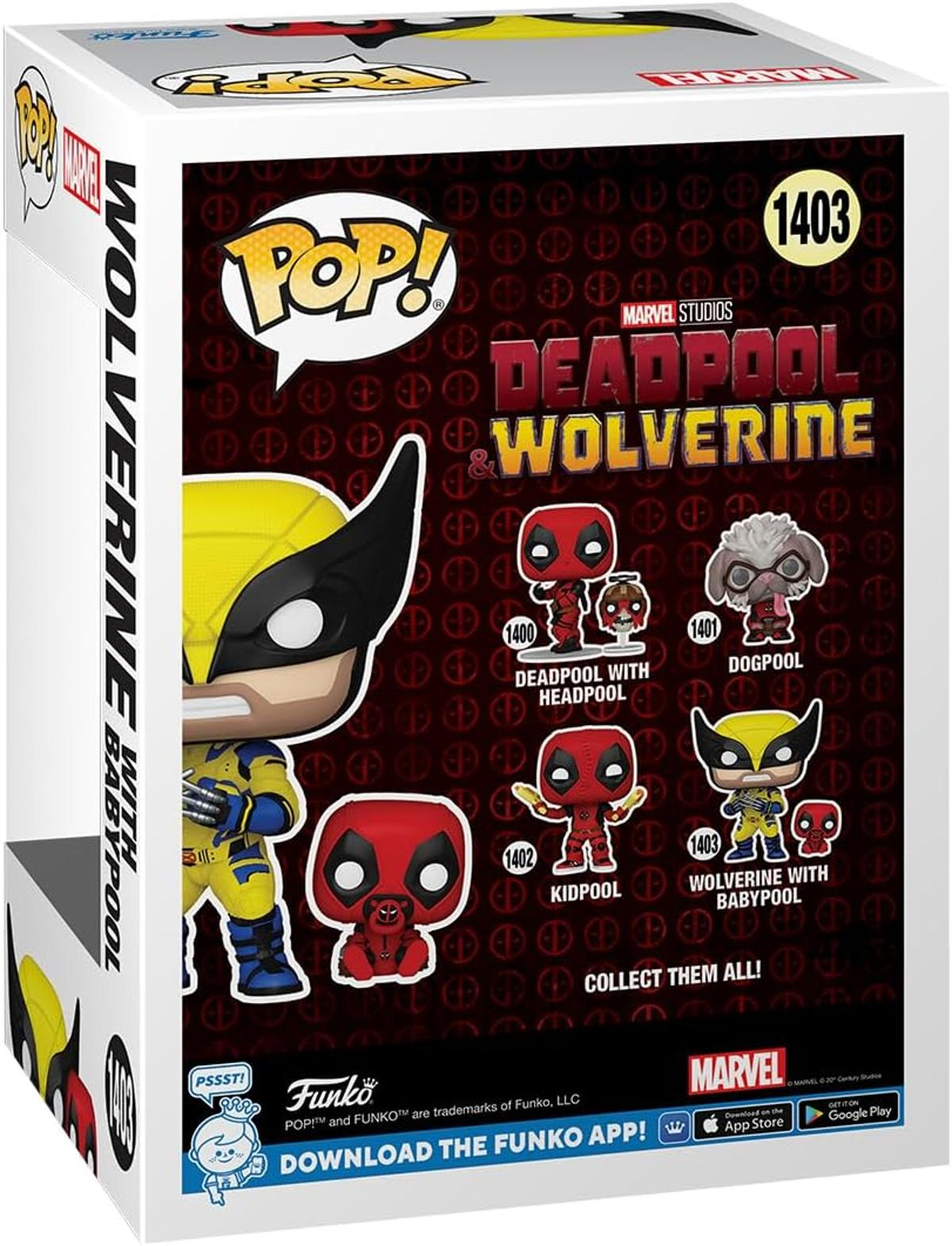 Caja de arte para un set de Funko Pop de Deadpool y Wolverine. Presenta varias figuras, incluyendo a Wolverine con BabyPool. Colores rojo y amarillo.