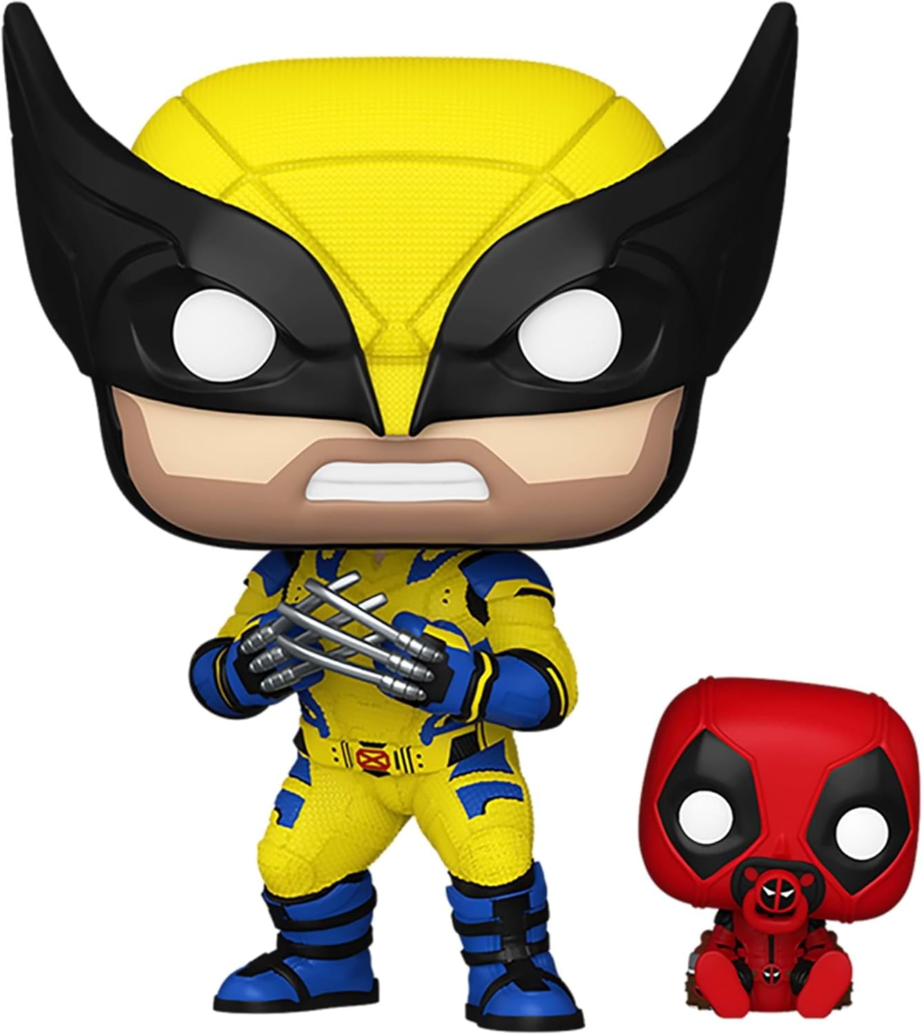 Una figura de Funko Pop de Wolverine. Traje amarillo y negro, garras extendidas. Figura de Deadpool en rojo.