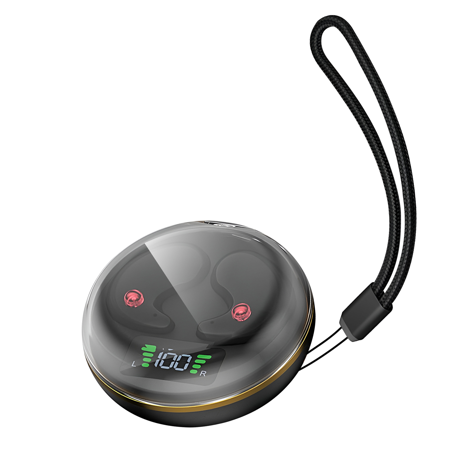 Custodia per auricolari nera e oro con cinturino nero. La custodia ha un coperchio trasparente e un display digitale.