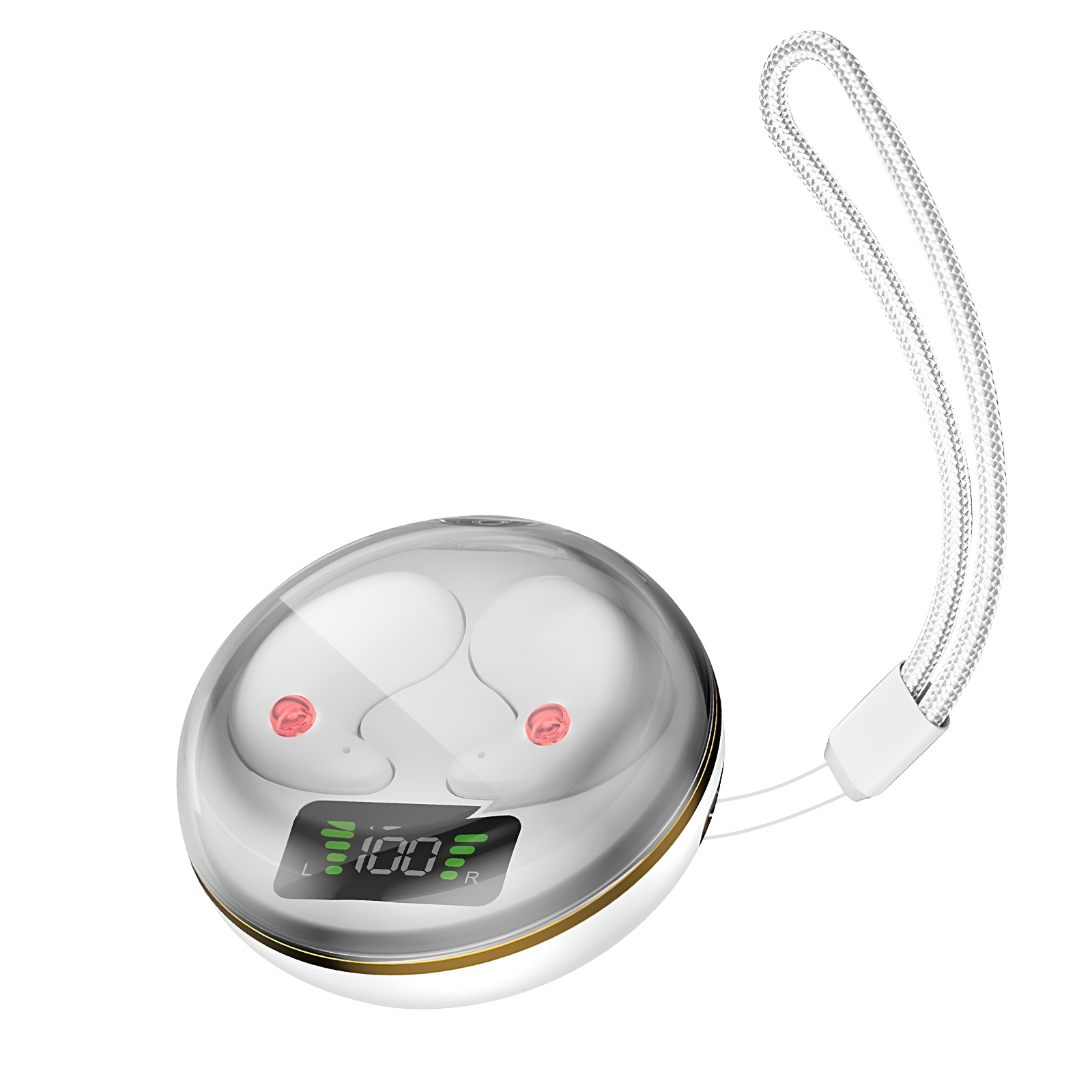 Estuche de carga blanco con auriculares dentro. Tiene una pantalla digital y un cordón blanco. El fondo es blanco.