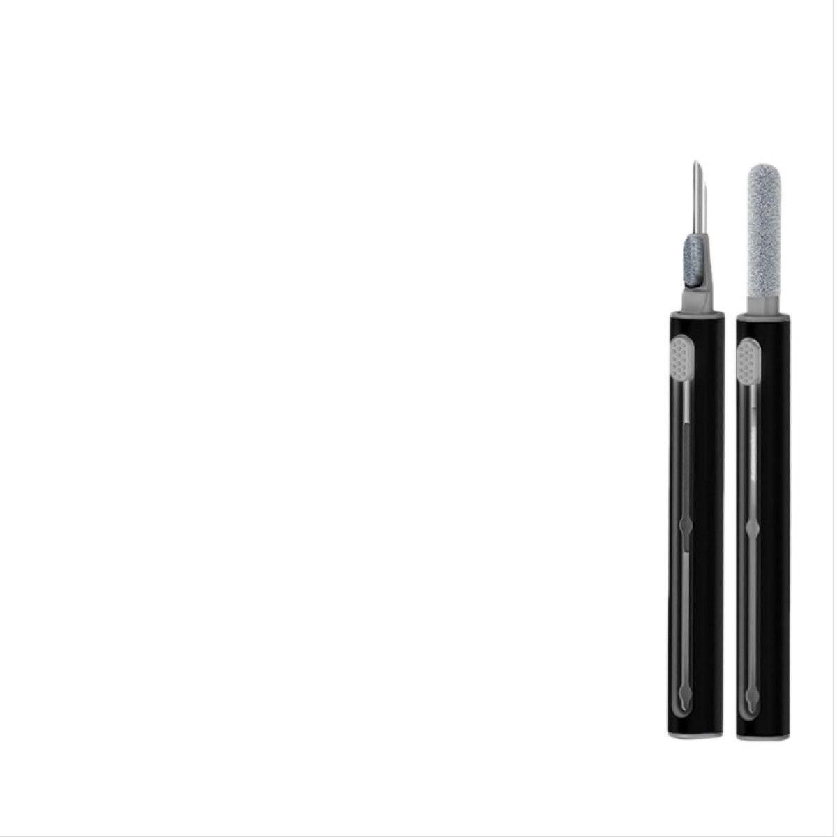Two black ear cleaning tools. One has a brush, the other has a metal tip and a cleaning brush.