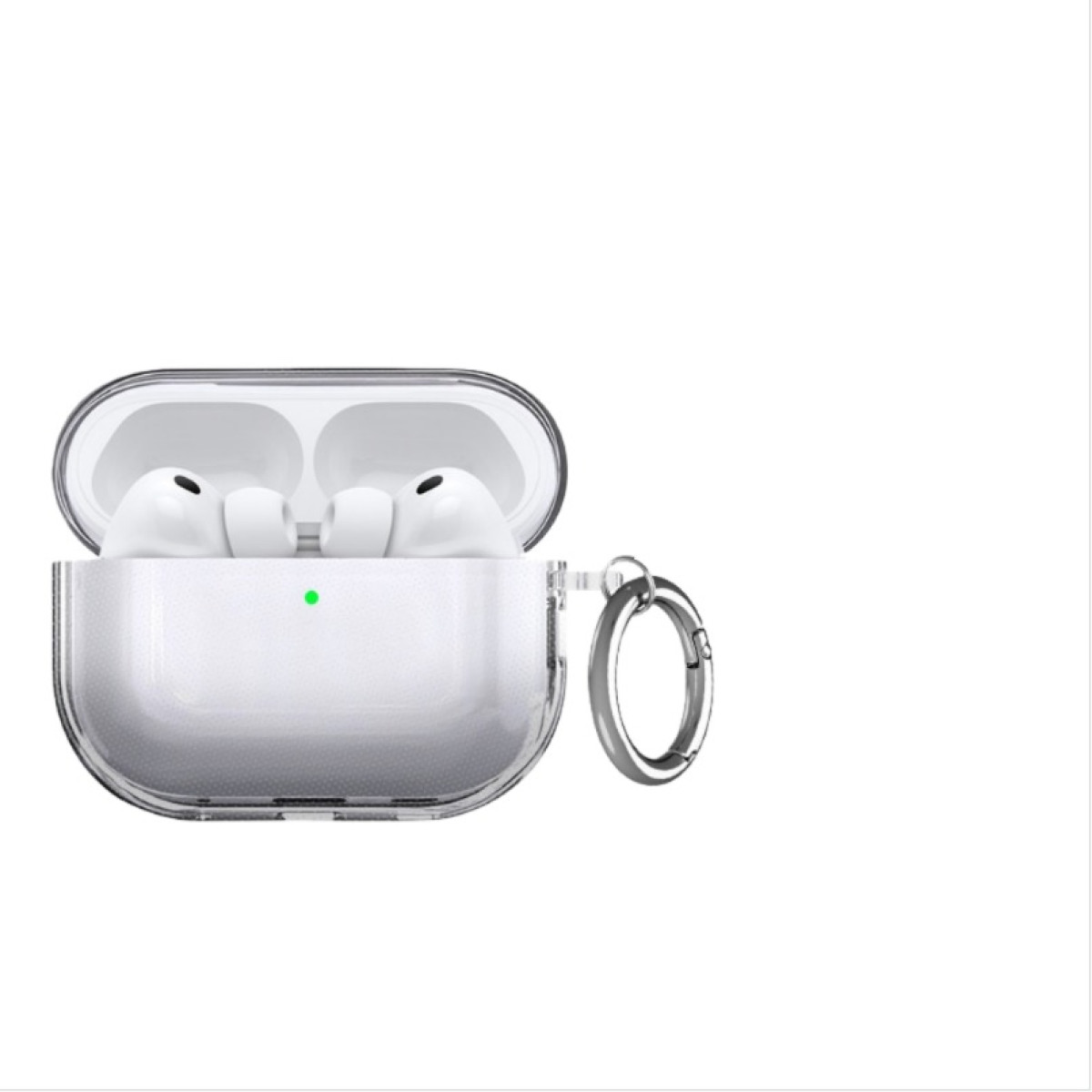 White AirPods Pro in a clear case, open. A silver carabiner is attached. The background is white.