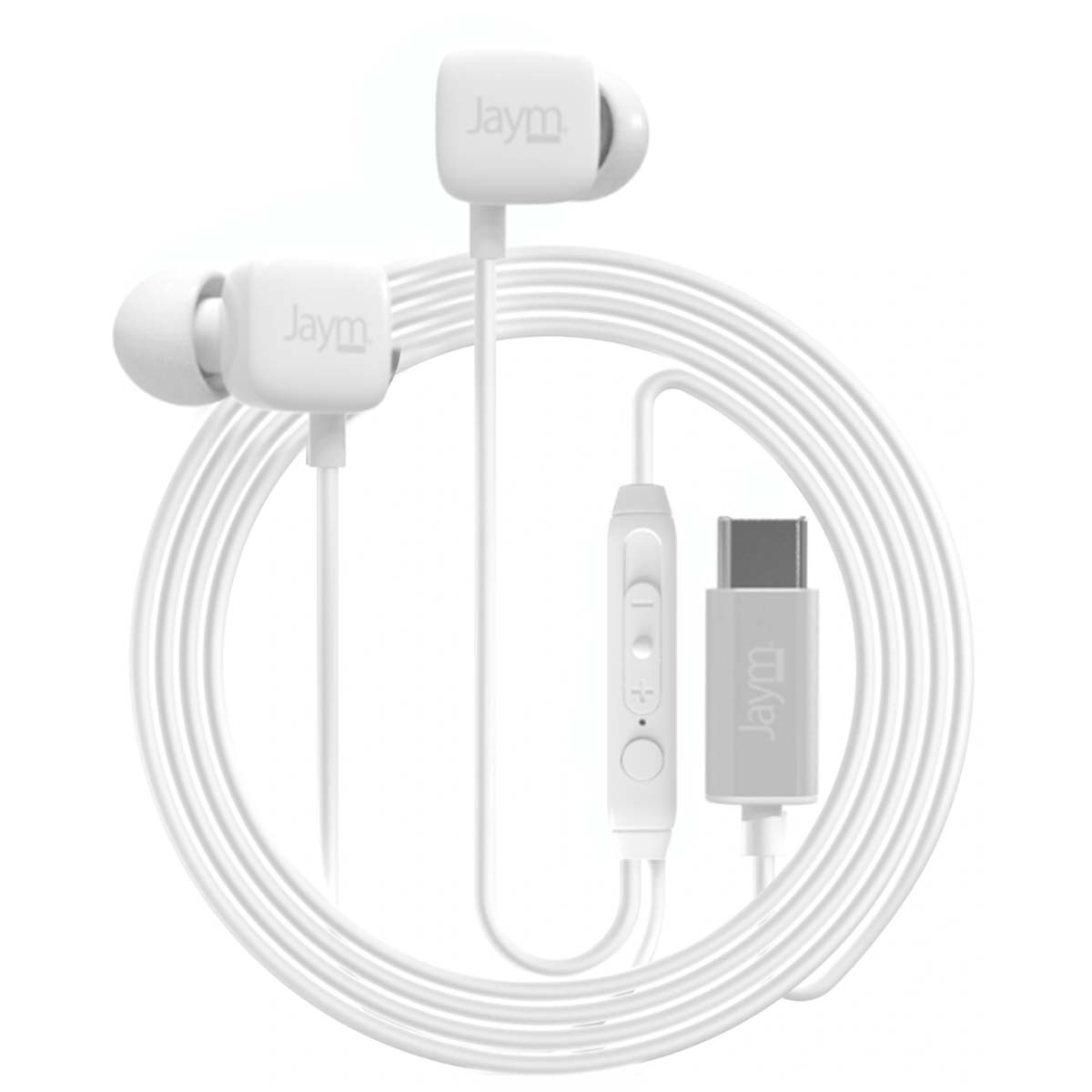 Auricolari bianchi con logo 'Jaym', cavo arrotolato e modulo di controllo. Connettore USB-C. Tutto su sfondo bianco.
