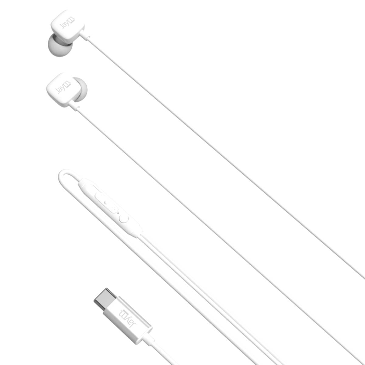 Auricolari bianchi con cavo bianco, pannello di controllo e connettore USB-C. Il marchio 'jaym' è visibile sugli auricolari e sul connettore.