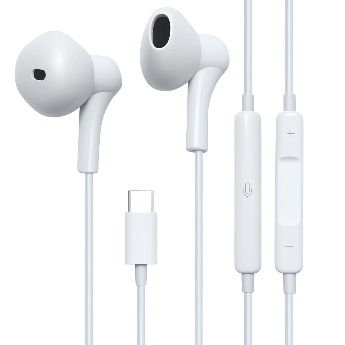 Auricolari bianchi con connettore Type-C. Include controlli volume e microfono. Tutti i componenti sono bianchi.
