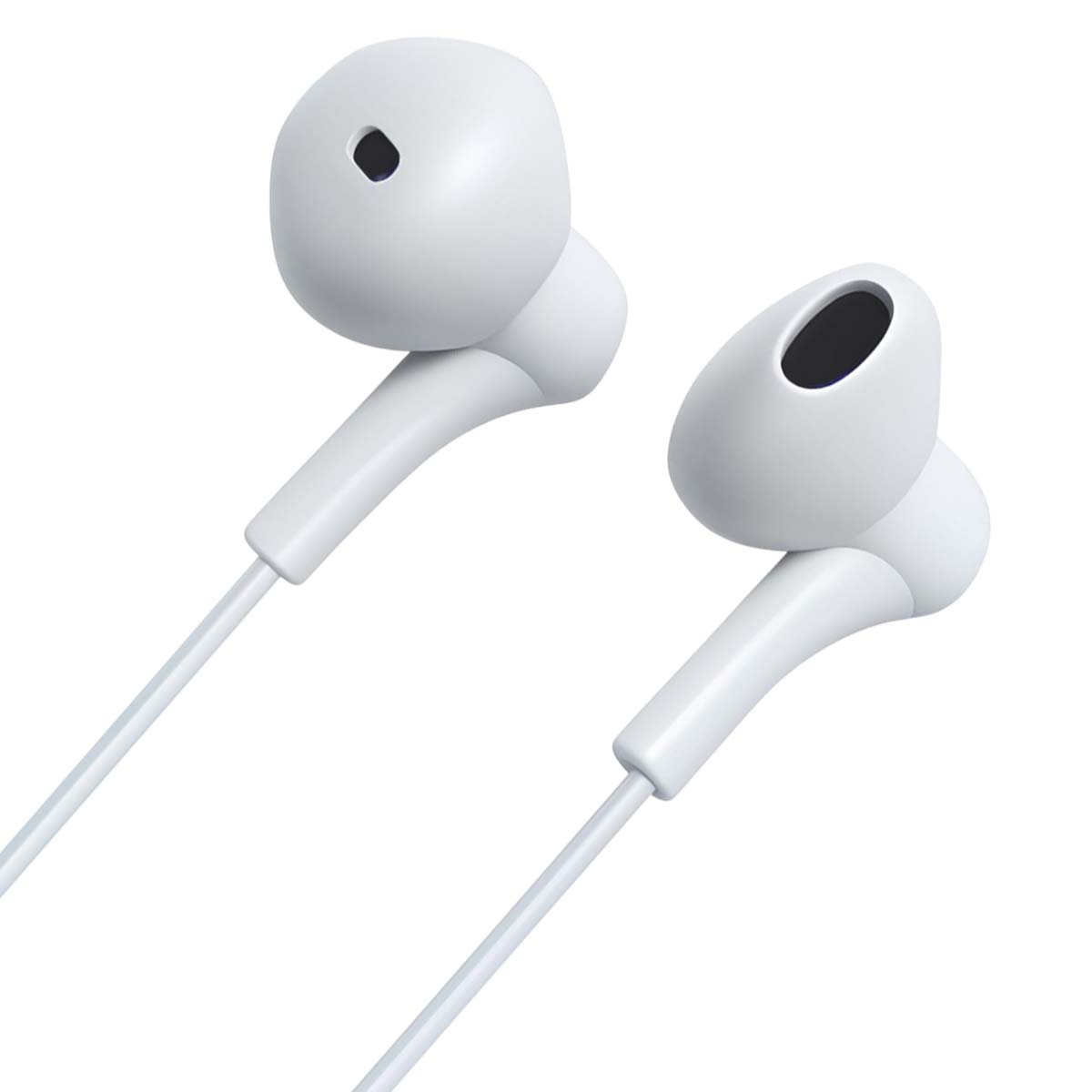 Due auricolari bianchi con fori neri su sfondo bianco. Gli auricolari hanno un cavo collegato.