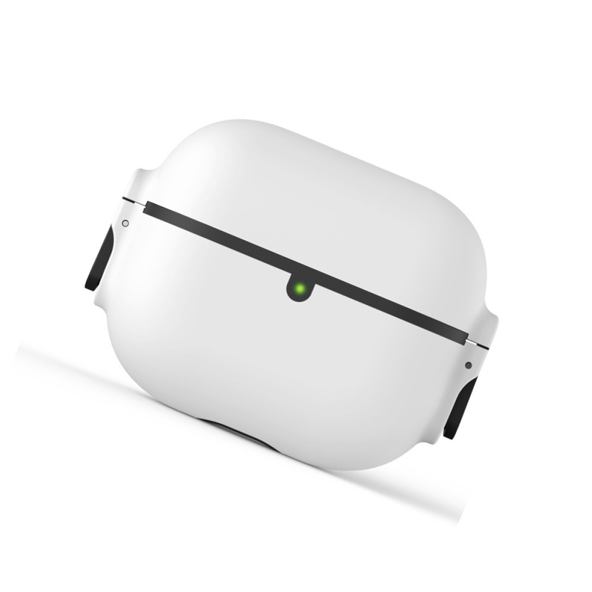 White AirPods Pro case with a black stripe and green light. Angled on a white background.