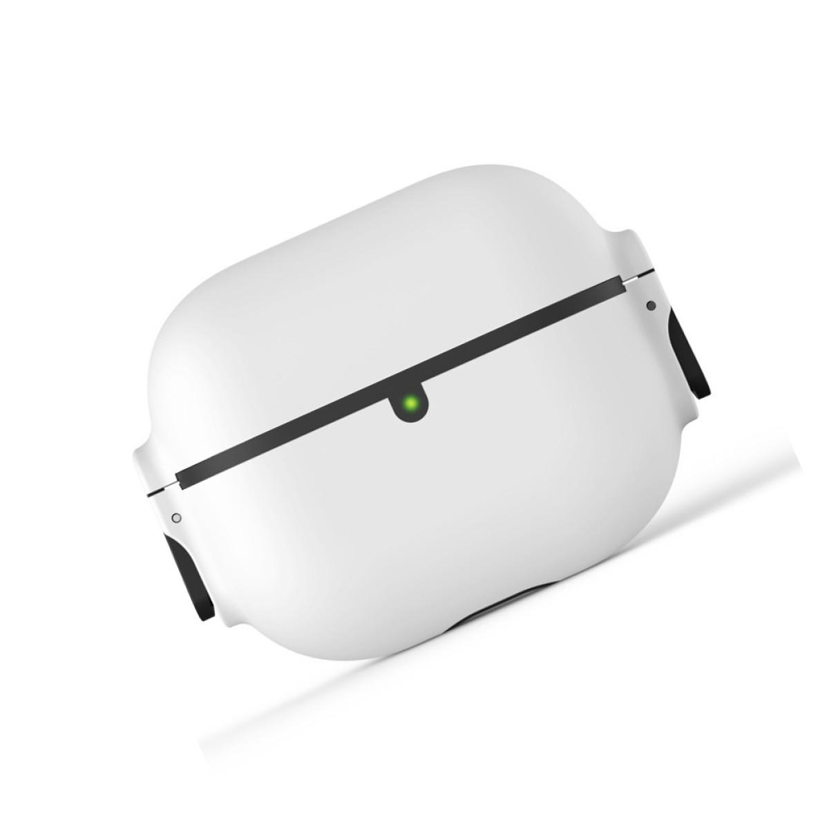 A white AirPods Pro case with a black hinge and a green light, angled on a white background.
